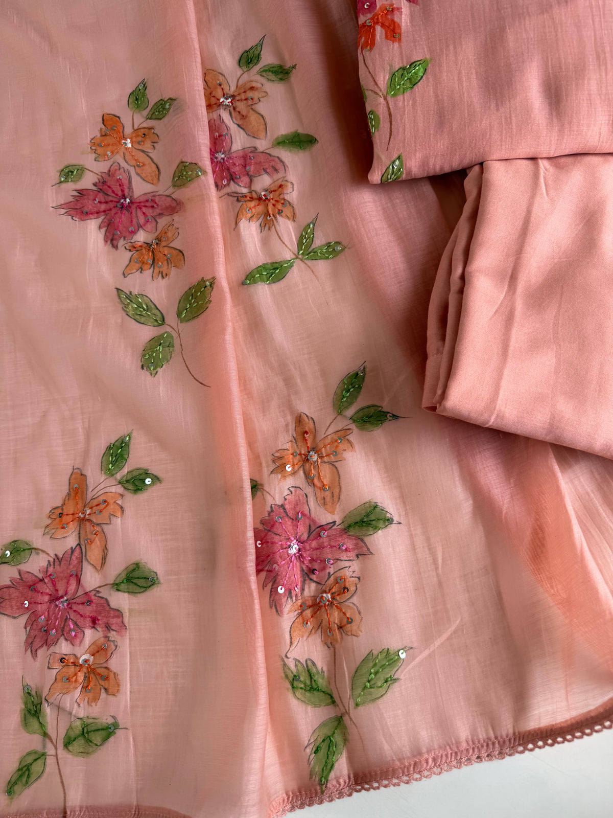 K355 - Mul Chanderi hand painted embroidered Aline Kurti with pants and dupatta in 3 colours
