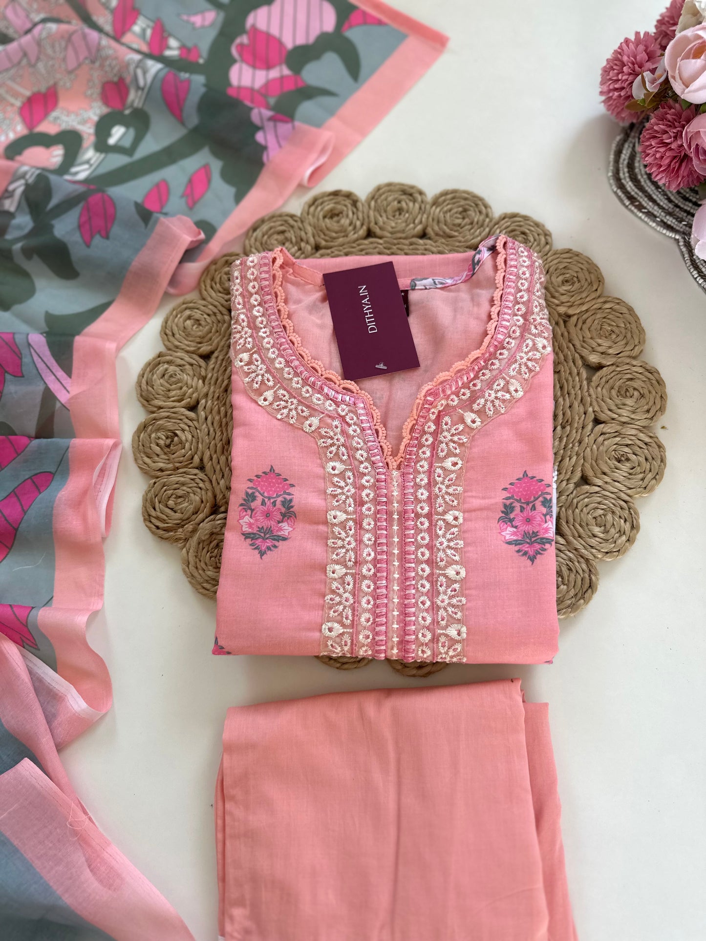 K417 - Cotton embroidered straight Kurti with pants and dupatta