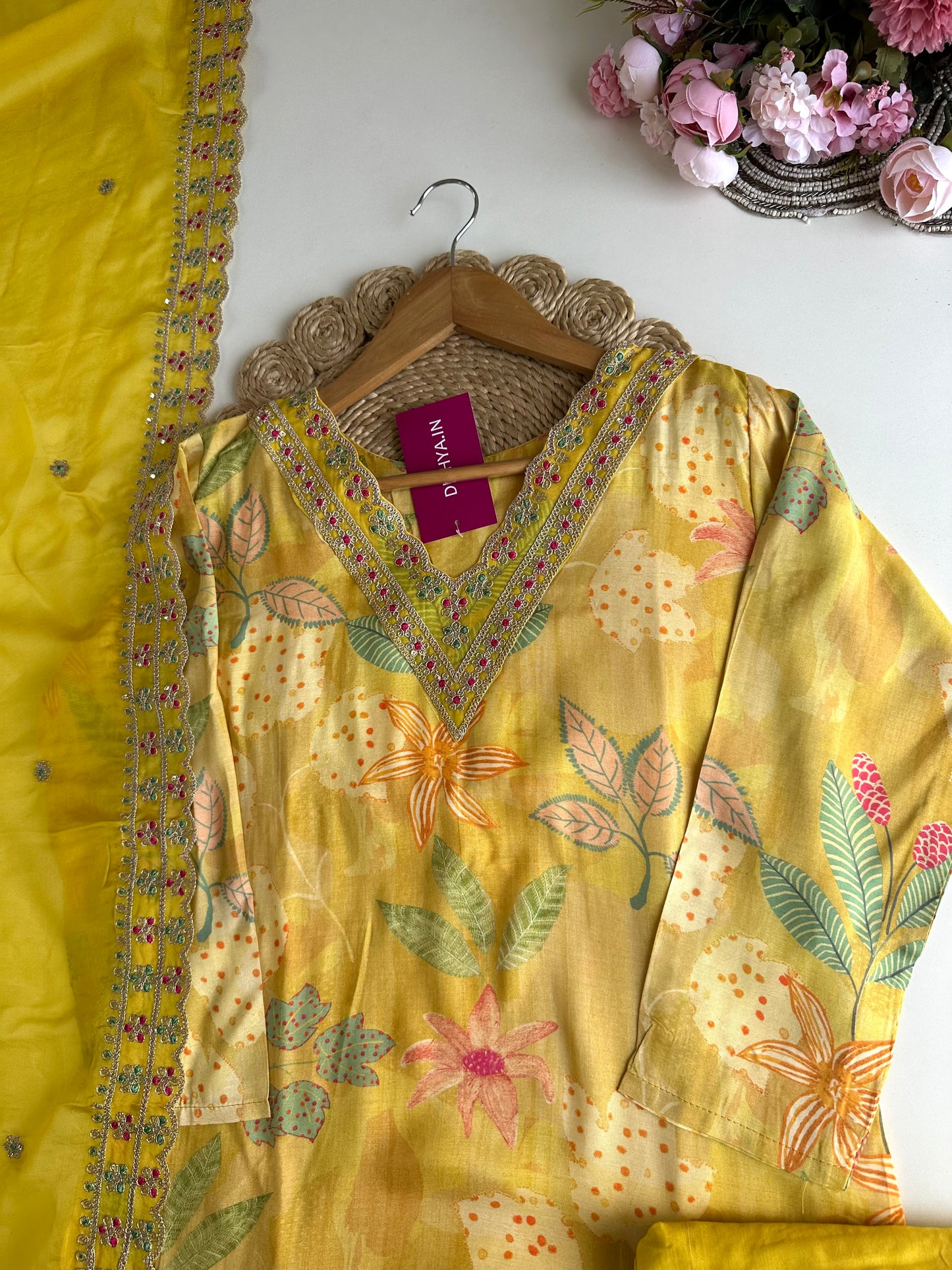 K019 - Viscose organza zari work straight Kurti with pants and dupatta