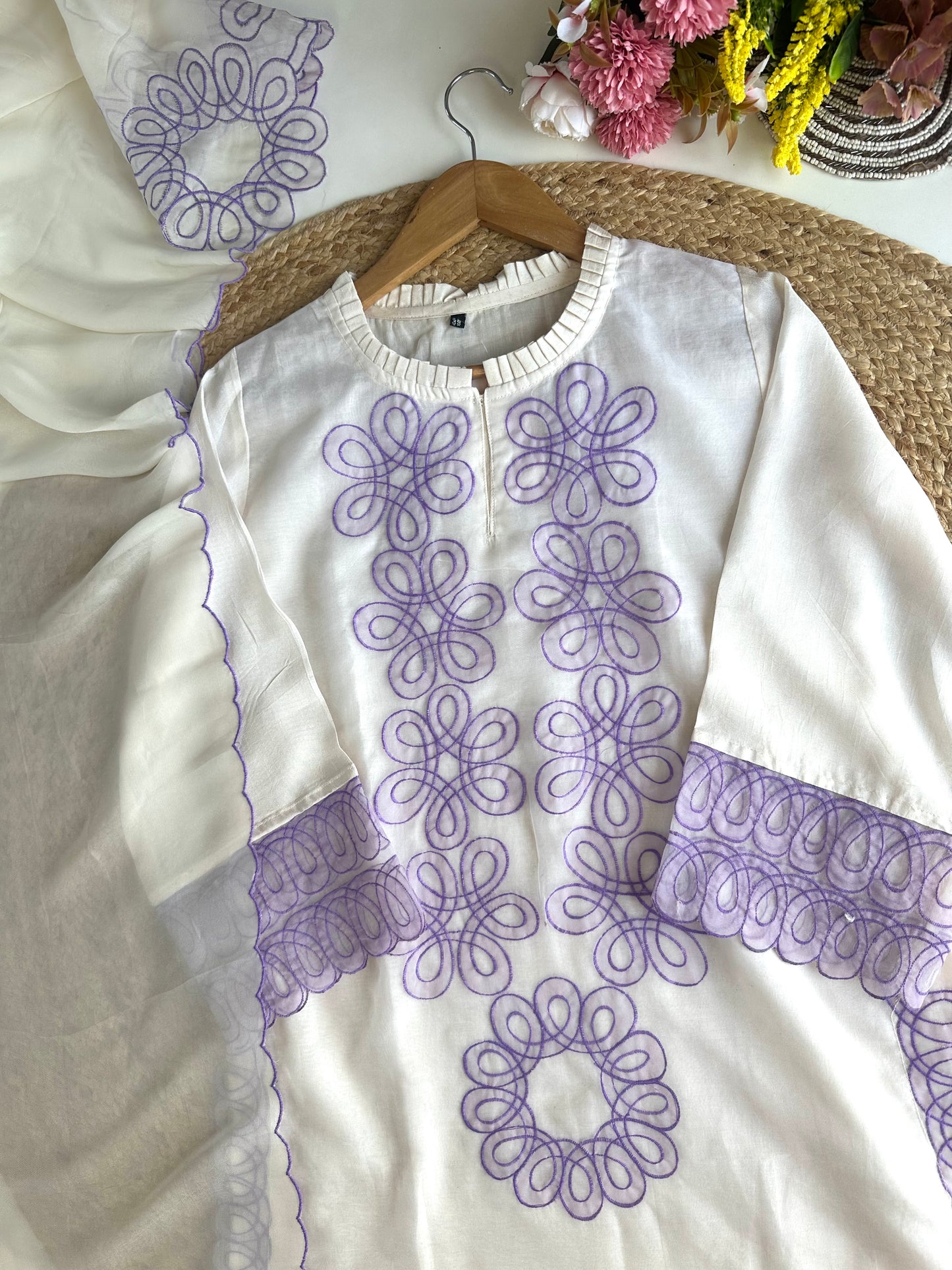 K462 - Chanderi silk embroidered straight Kurti with pants and dupatta