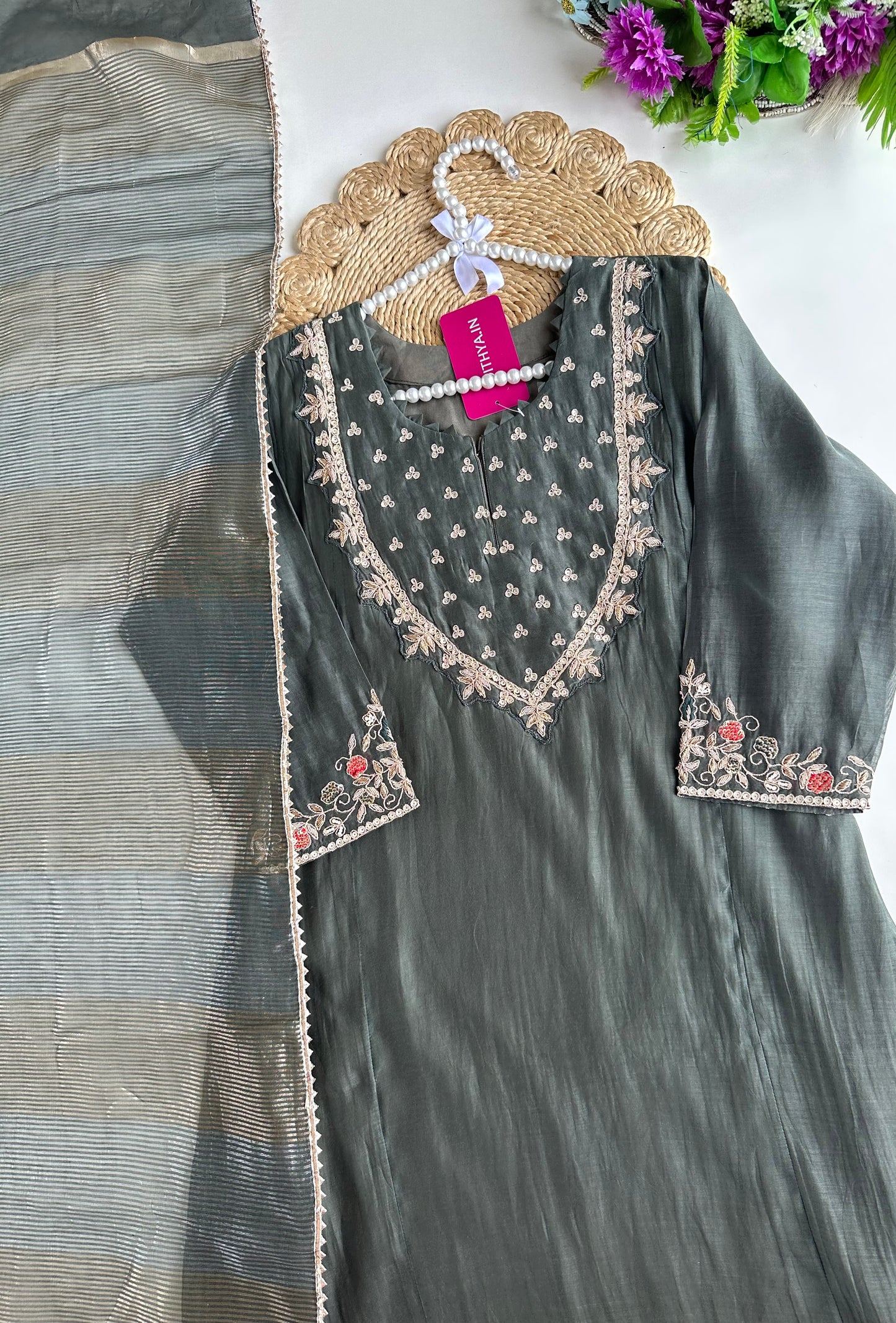K072 - Mul Chanderi handwork Aline Kurti with pants and dupatta