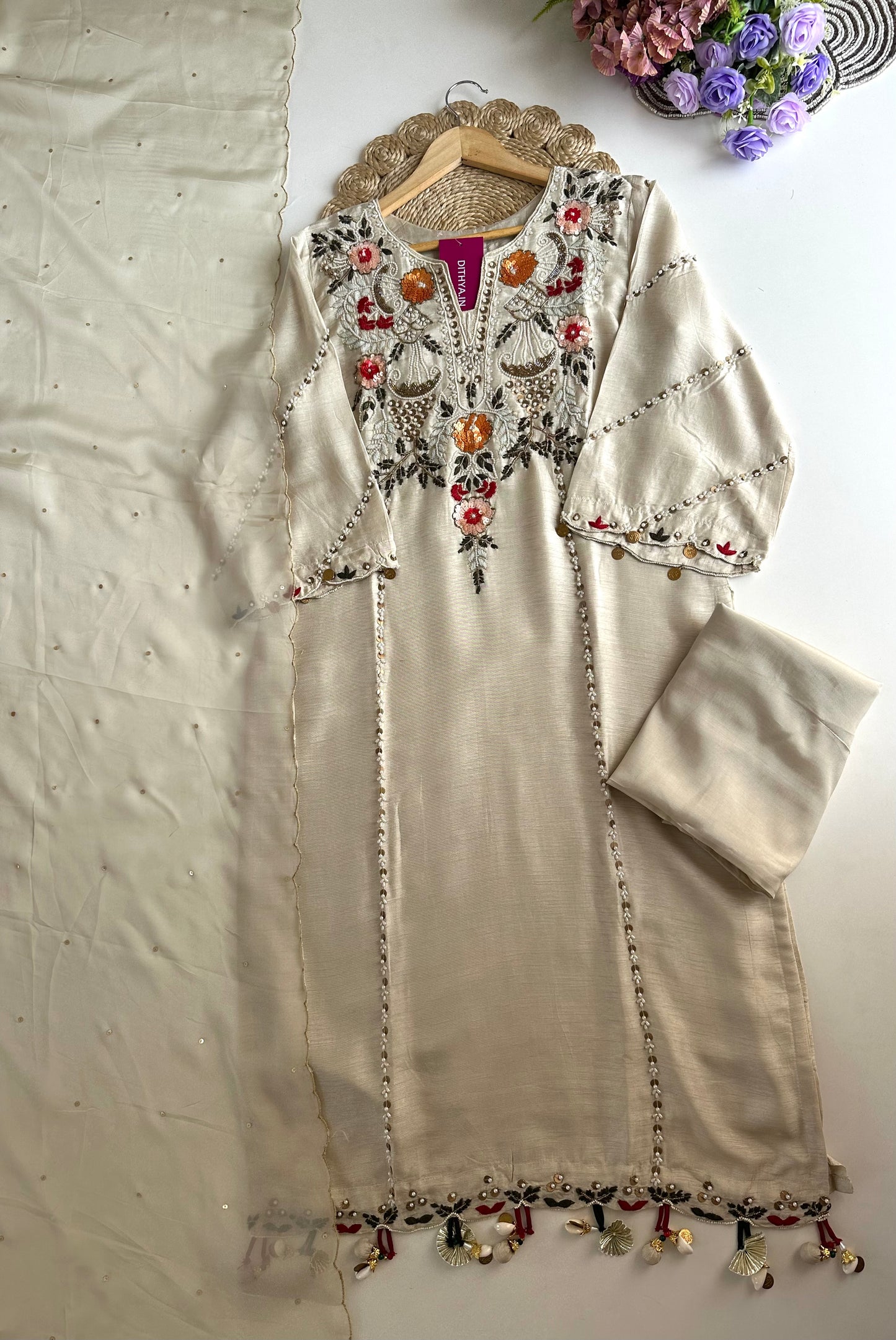 K332 - Russian silk handwork straight Kurti with pants and dupatta