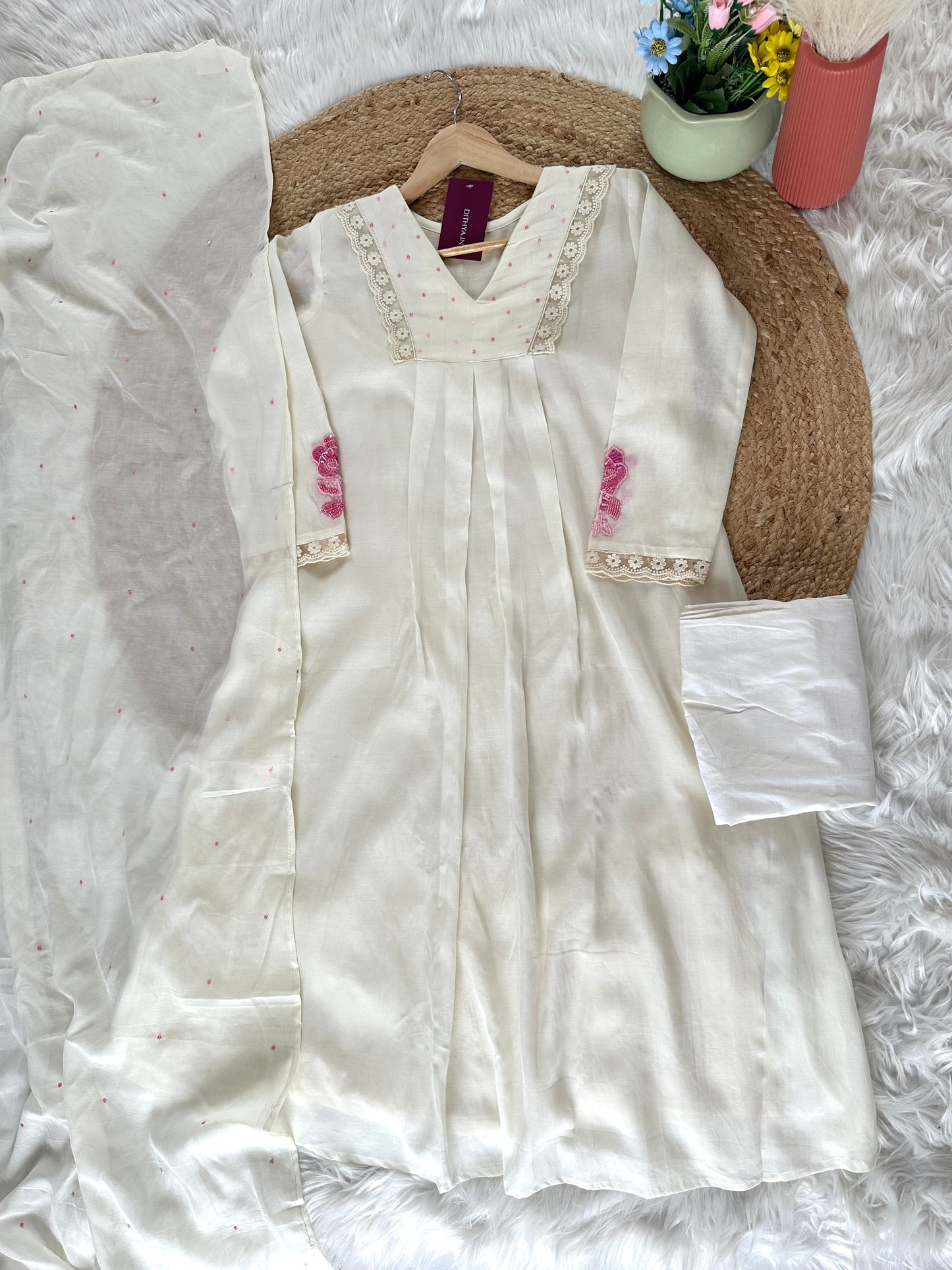 K065 - Mul Chanderi handwork Aline Kurti with pants and dupatta in 3 colours