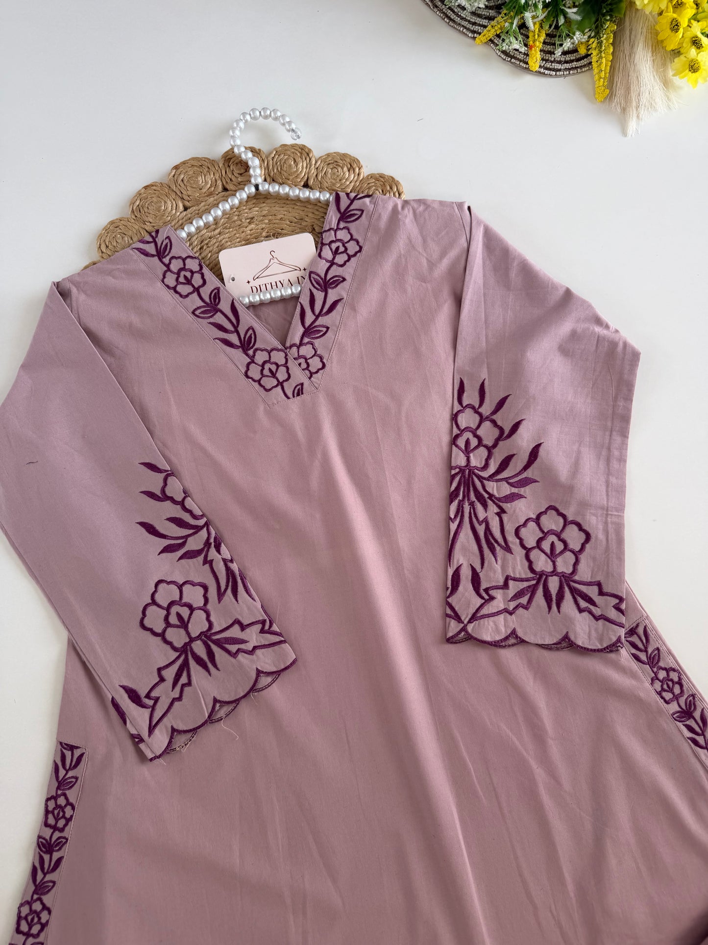 K442 - Cotton embroidered aline Kurti with pants and dupatta