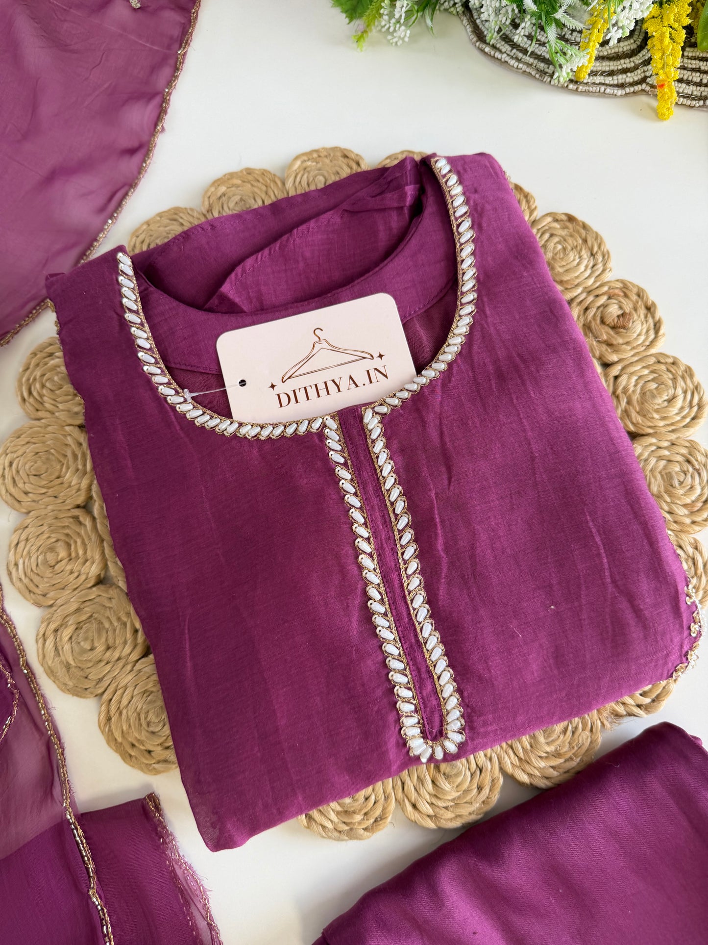 K533 - Mul chanderi handwork aline Kurti with pants and dupatta