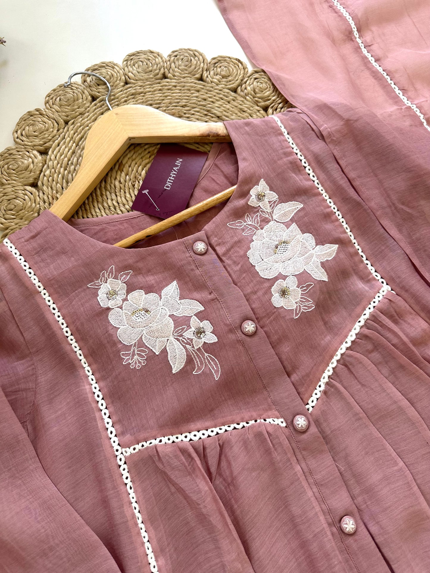 K060 - Mul Chanderi hand embroidered Aline Kurti with pants and dupatta