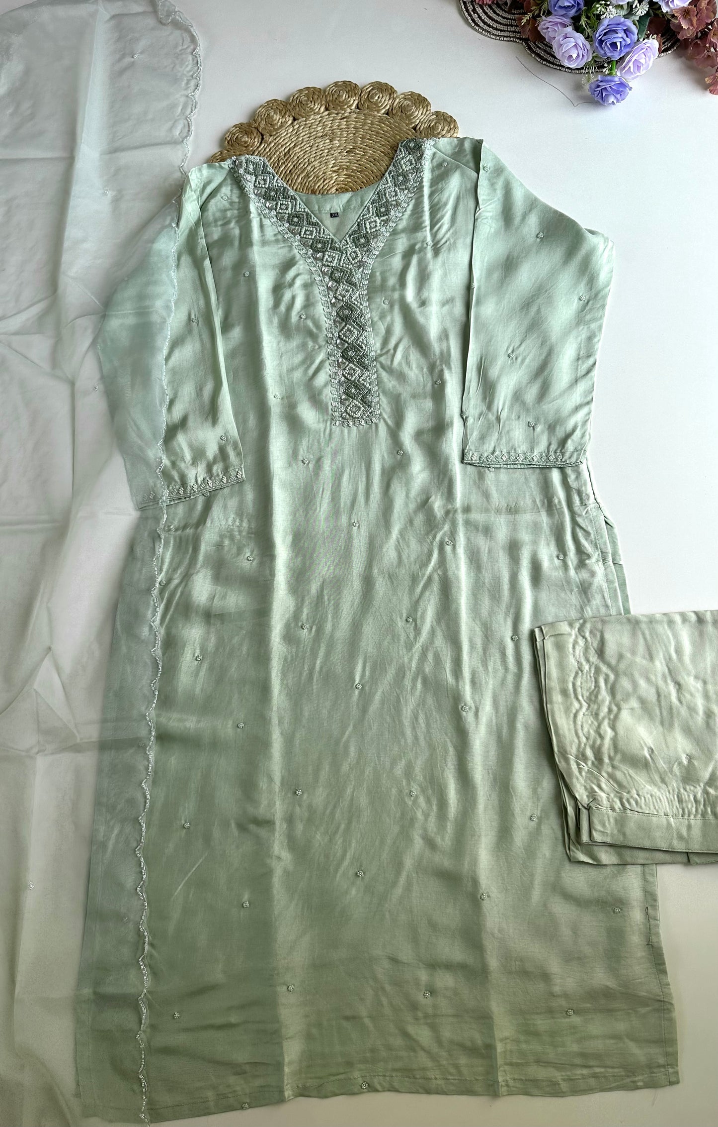 D063 -Russian silk straight kurti with pants and dupatta