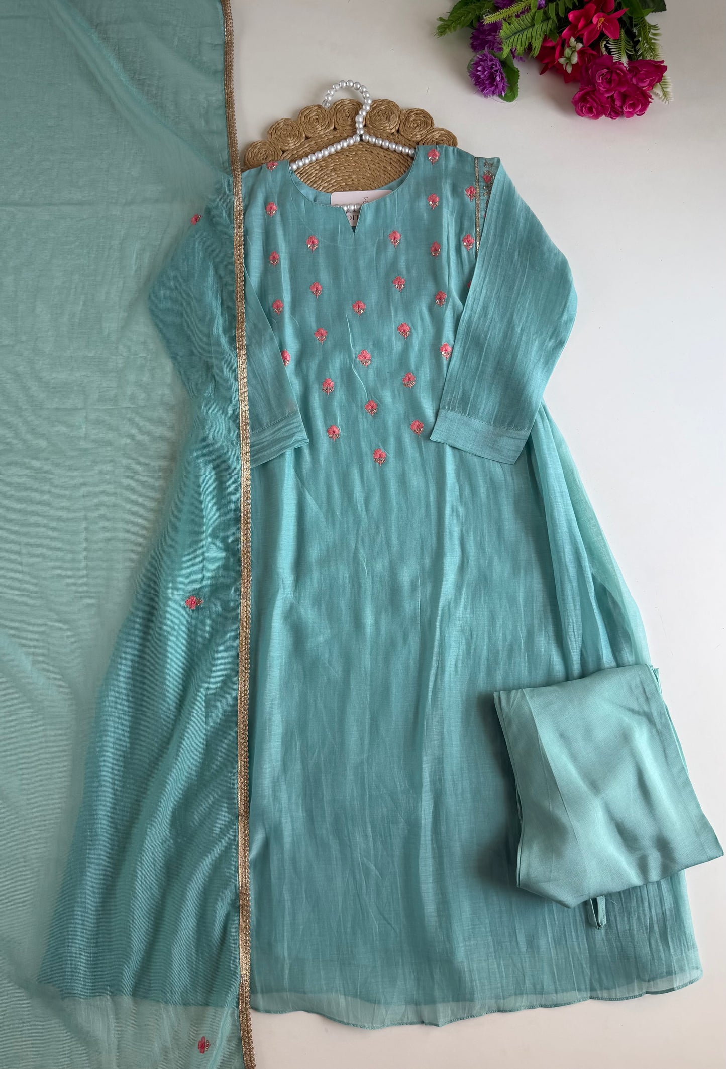 K644 - Mul chanderi handwork Anarkali with pants and dupatta