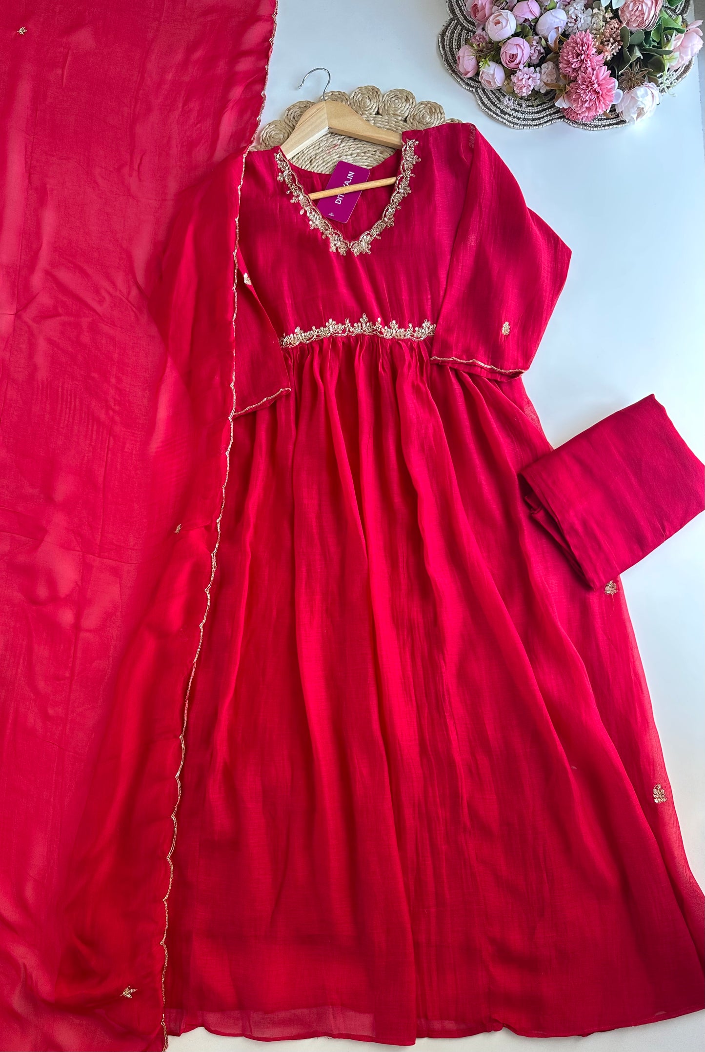 K324 - Mul Chanderi handwork Aline Kurti with pants and dupatta