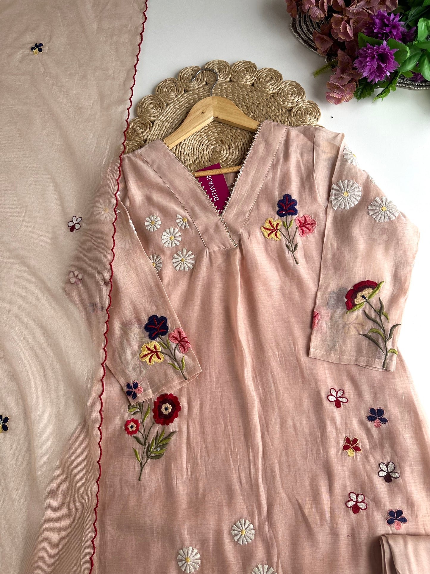 K302 - Mul Chanderi Appliqué work Aline Kurti with pants and dupatta
