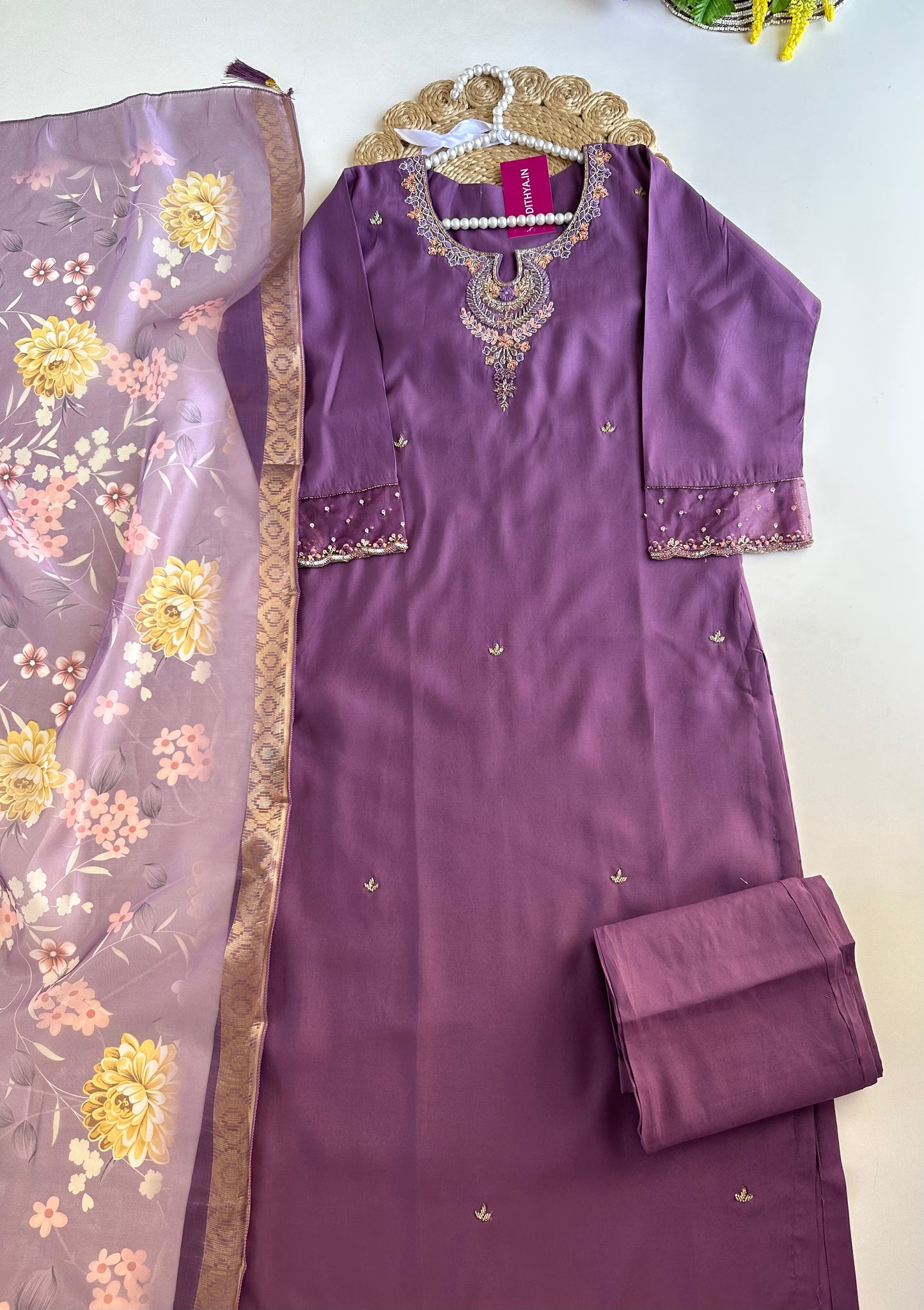 K154 - Roman silk handwork straight Kurti with pants and dupatta