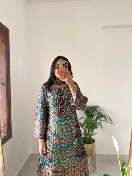 K173 - Pure chinnon handwork Aline Kurti with pants and dupatta .