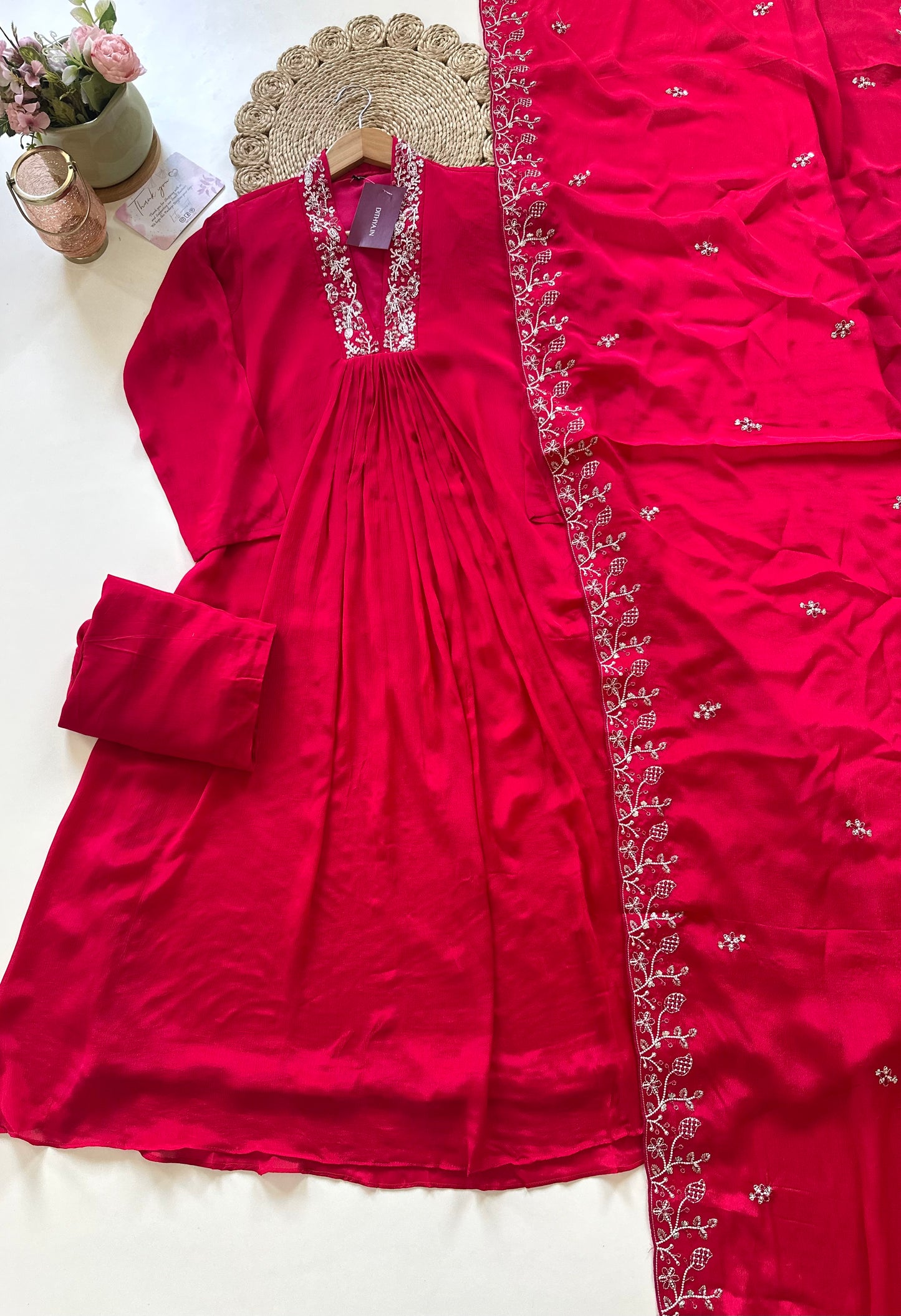 K103 - Pure chinnon Handwork Aline Kurti with pants and dupatta .