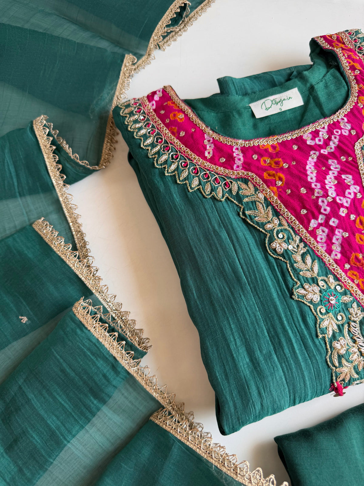 K646 - Mul chanderi bandhini handwork Anarkali with pants and dupatta