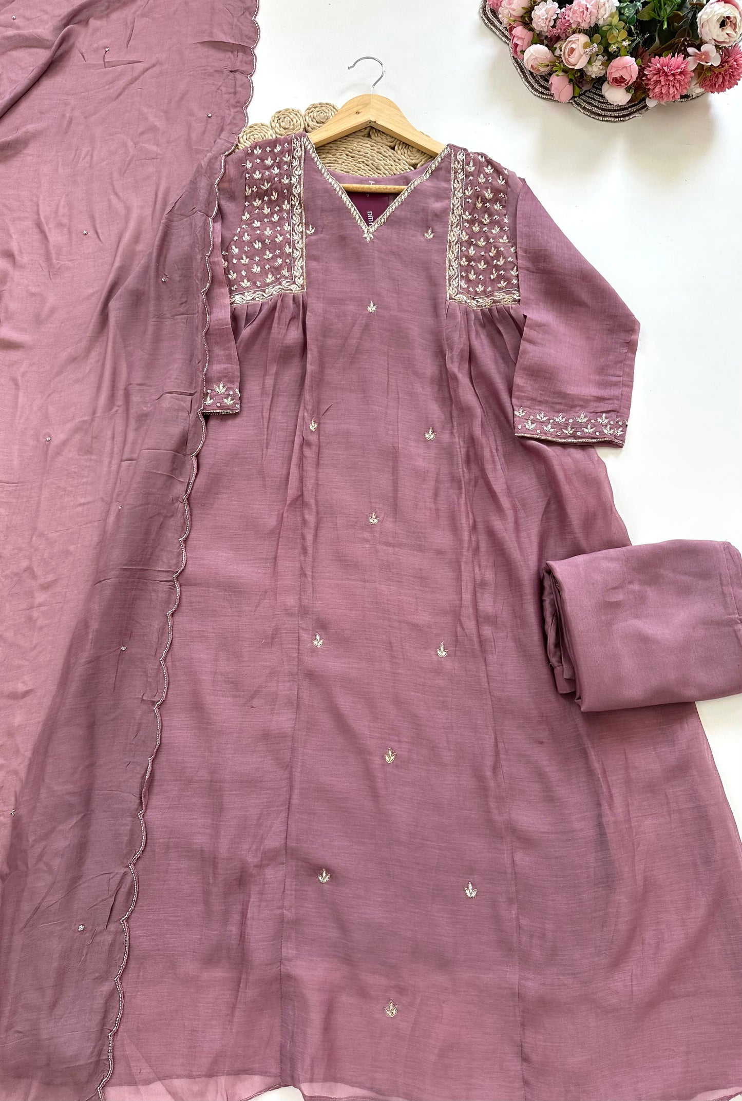 K261 - Mul Chanderi handwork Anarkali with pants and dupatta in 2 colours
