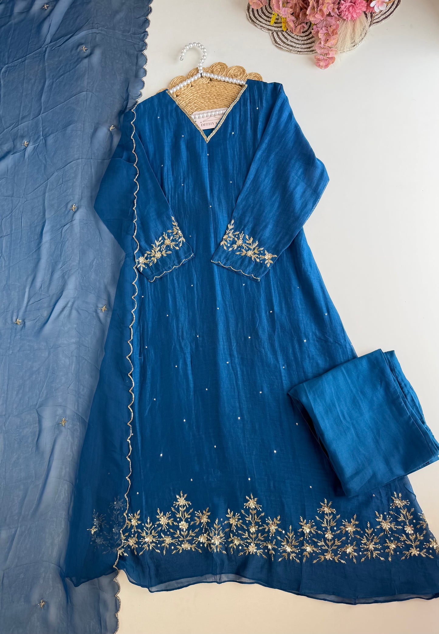 K529 - Mul chanderi handwork Aline Kurti with pants and dupatta in 2 colours
