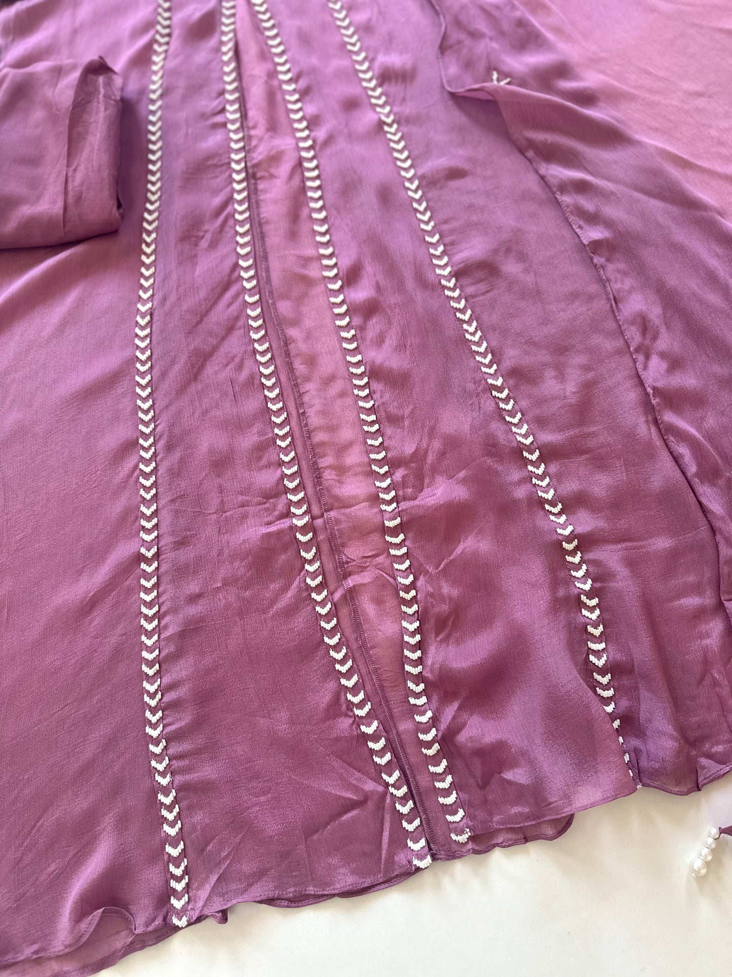 K150 - Pearl work Chinnon Aline Kurti with centre slit , straight pants and organza dupatta .