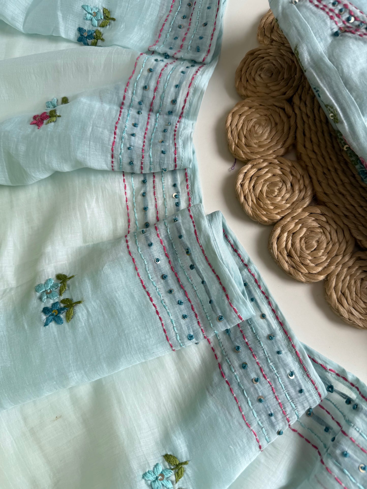 K723 - Mul chanderi embroidered straight Kurti with pants and dupatta