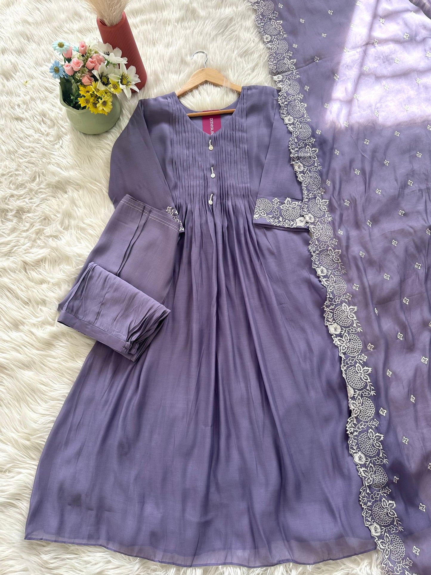 K319 - Muslin silk embroidered Aline Kurti with pants and dupatta in 2 colours