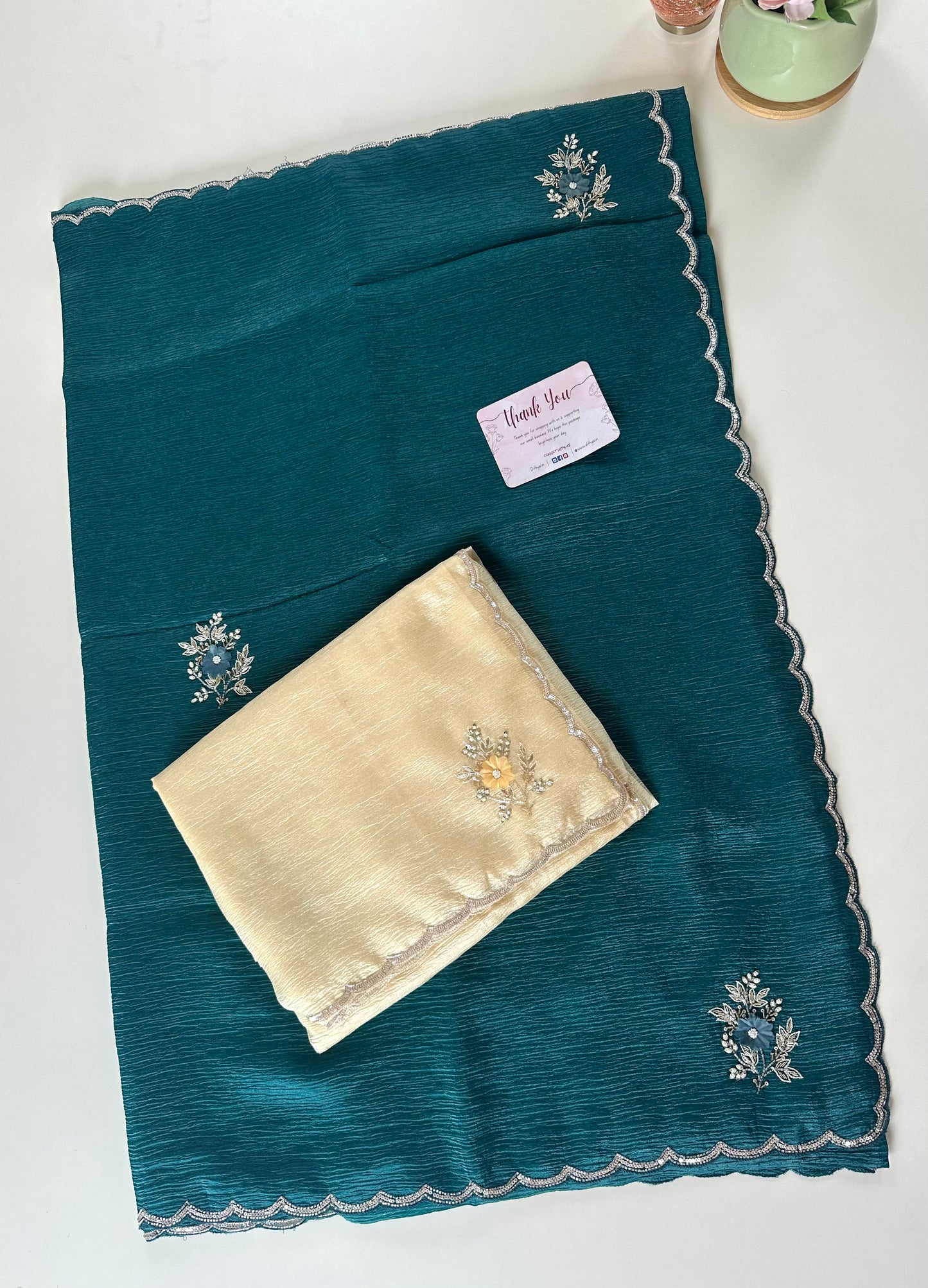 S001 - Crushed Tissue Handwork saree in 2 colours.