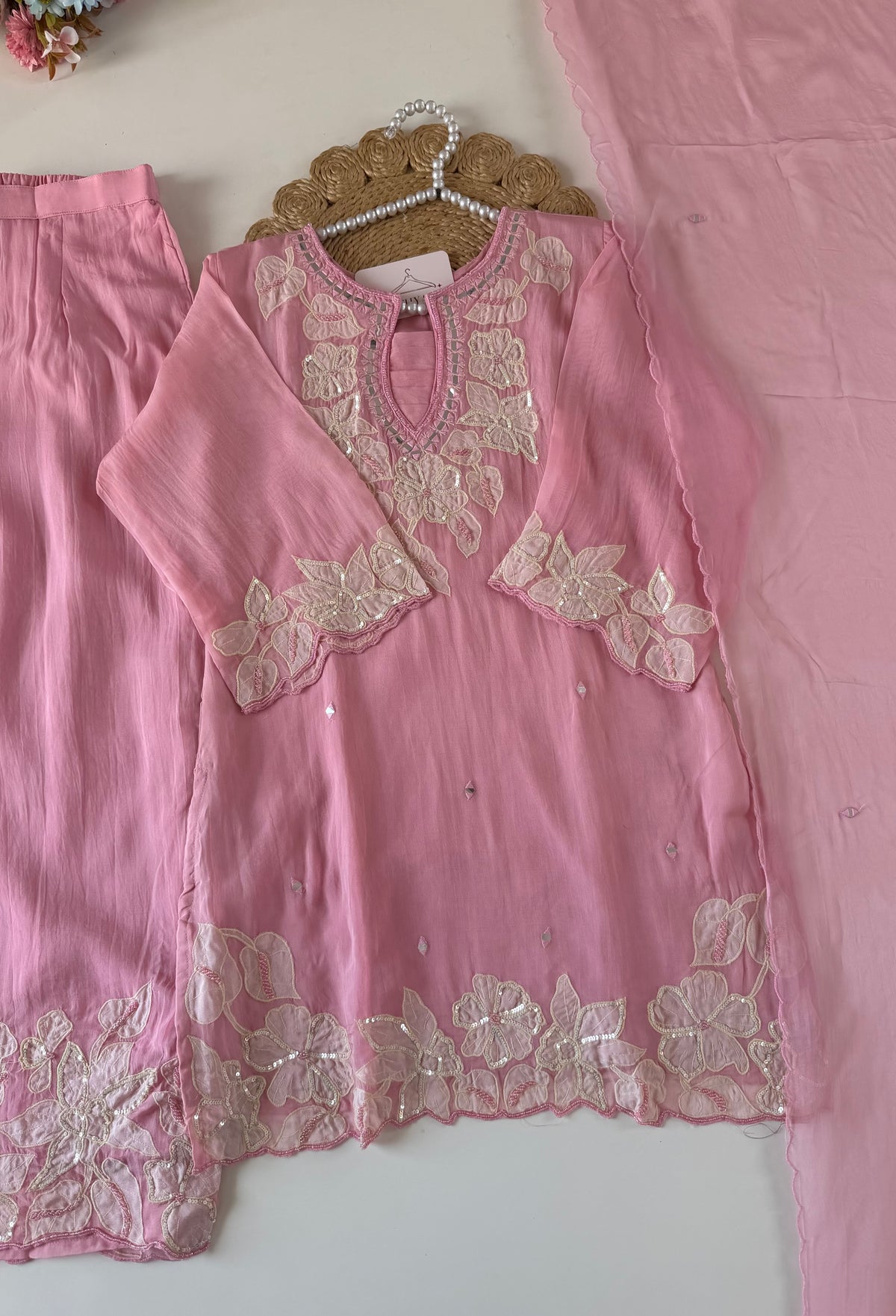 K046 - Viscose organza appliqué handwork short Kurti with divider pants and dupatta