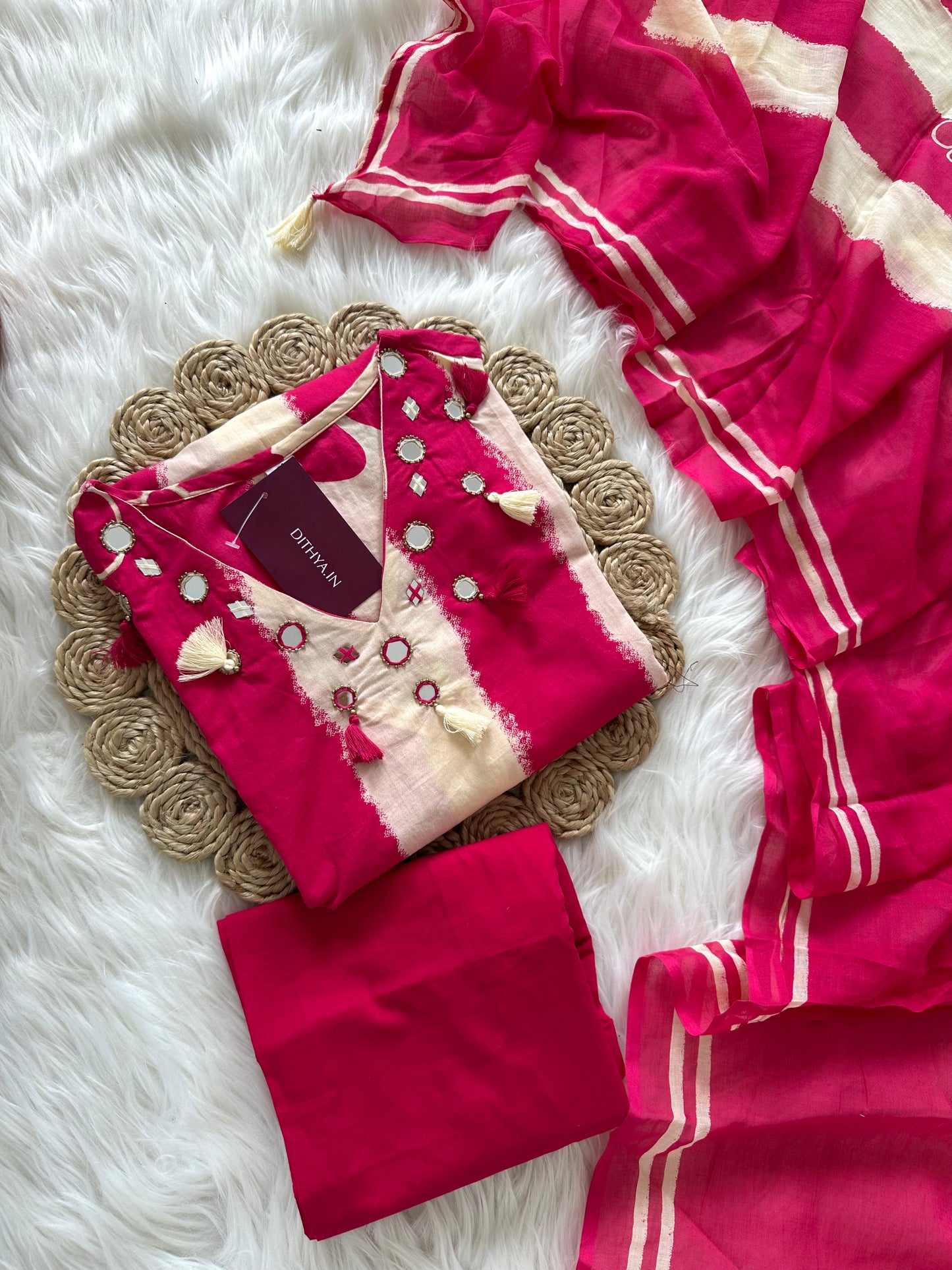 K337 - Cotton mirror work straight Kurti with pants and dupatta