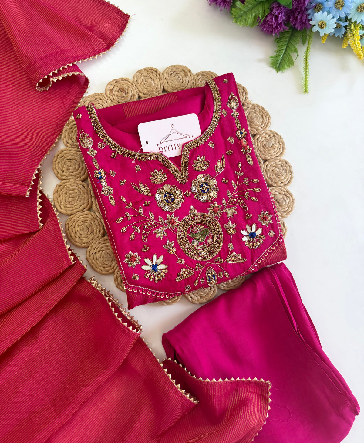 K598 - Mul chanderi & Tissue silk handwork Anarkali with pants and dupatta