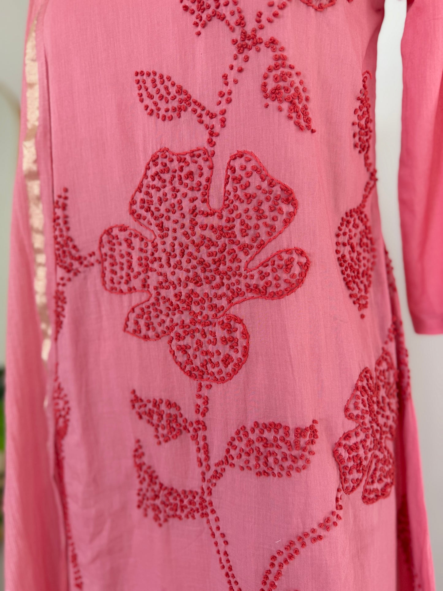 K495 - Mul chanderi embroidered Aline Kurti with pants and dupatta