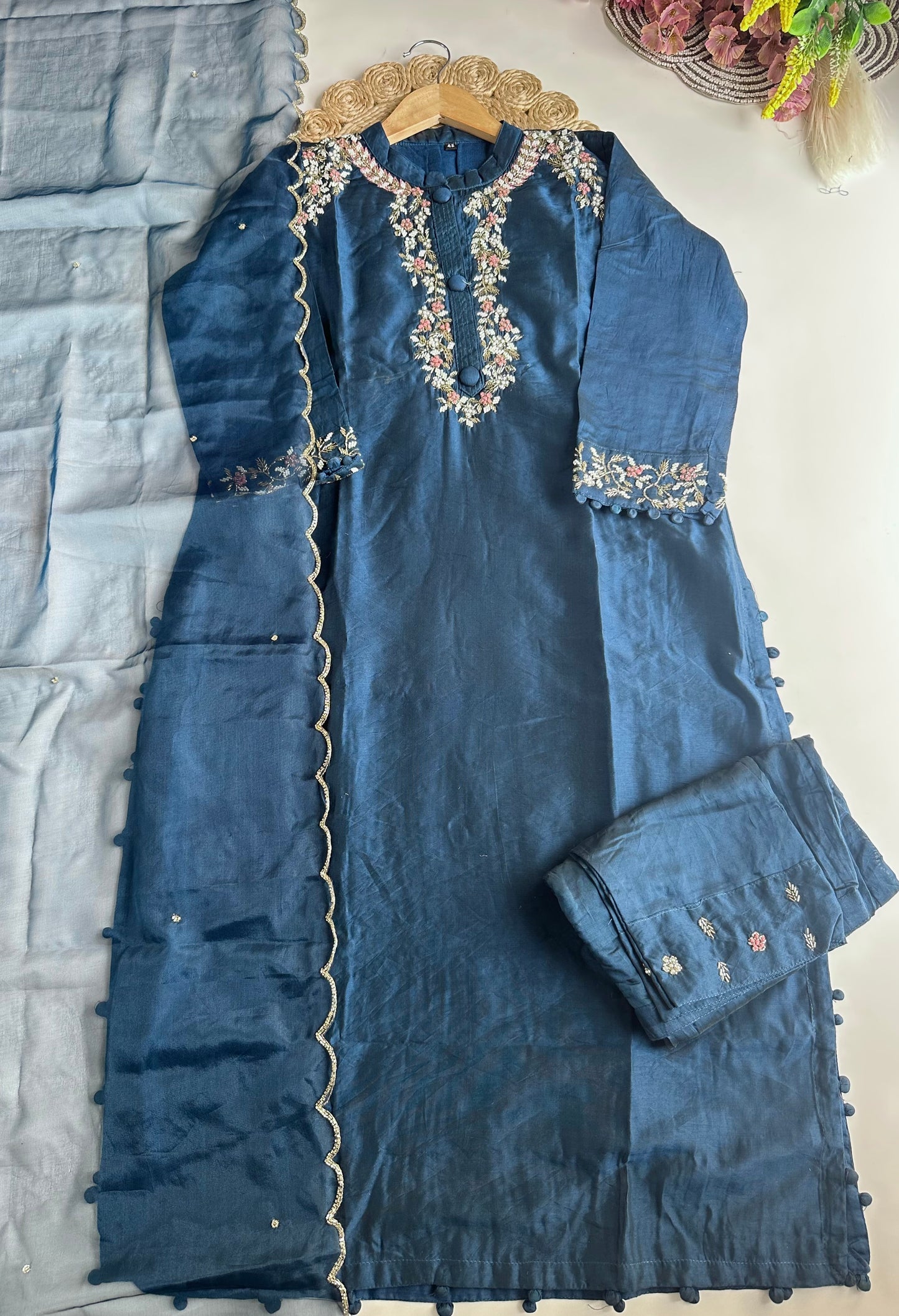 D435 - Dola silk straight kurti with pants and dupatta