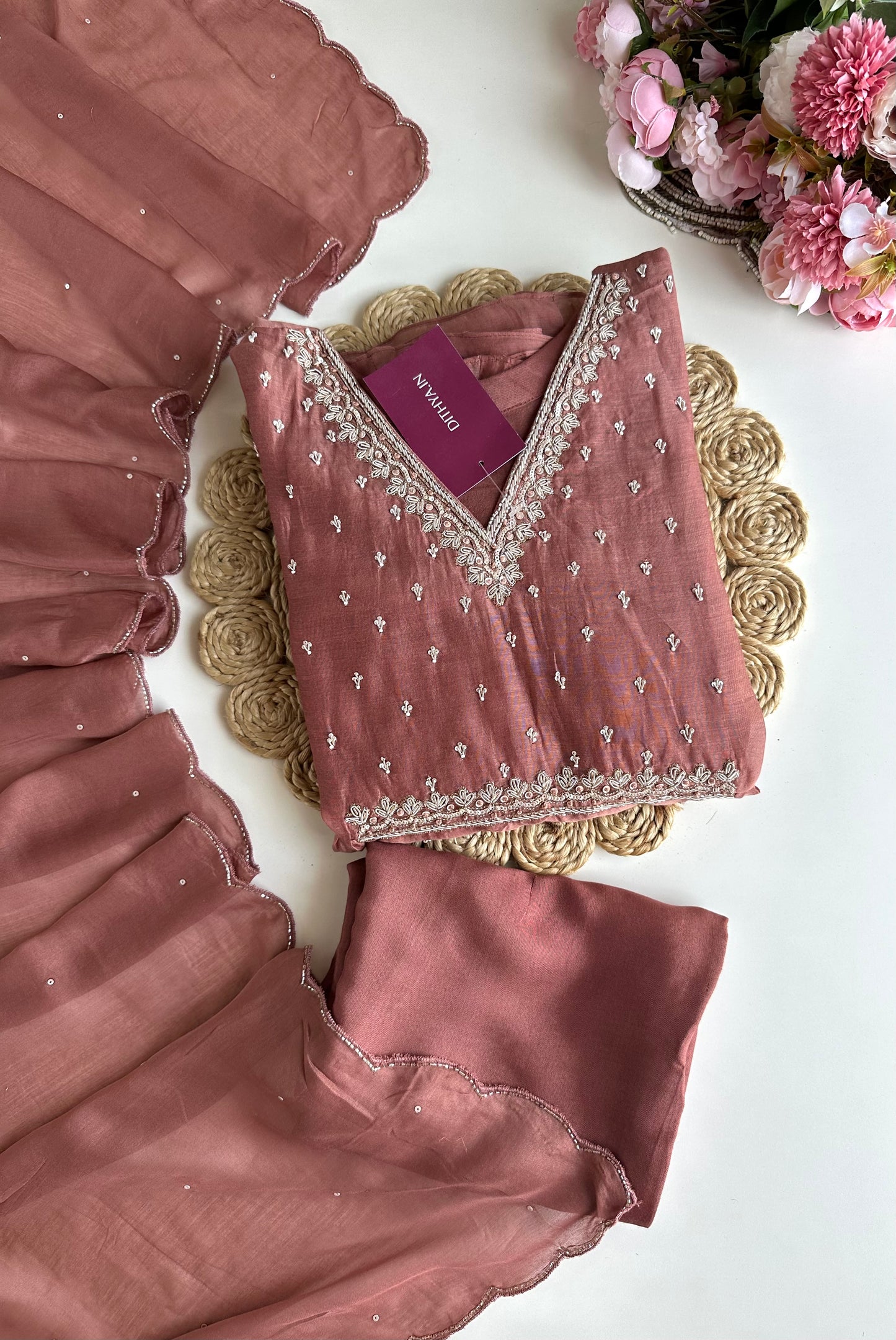 K092 - Mul Chanderi handwork Aline Kurti with pants and dupatta