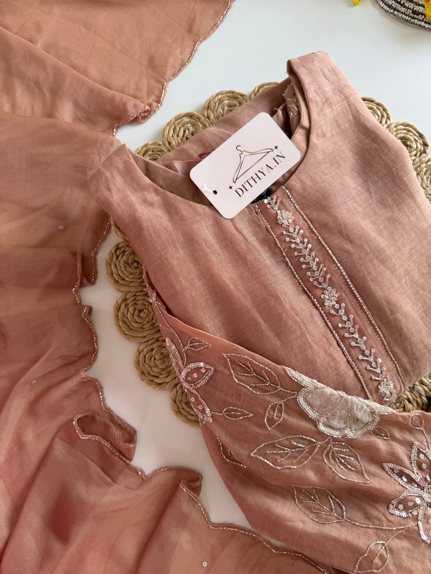 K181 - Mul chanderi handwork Aline Kurti with pants and dupatta in 2 colours