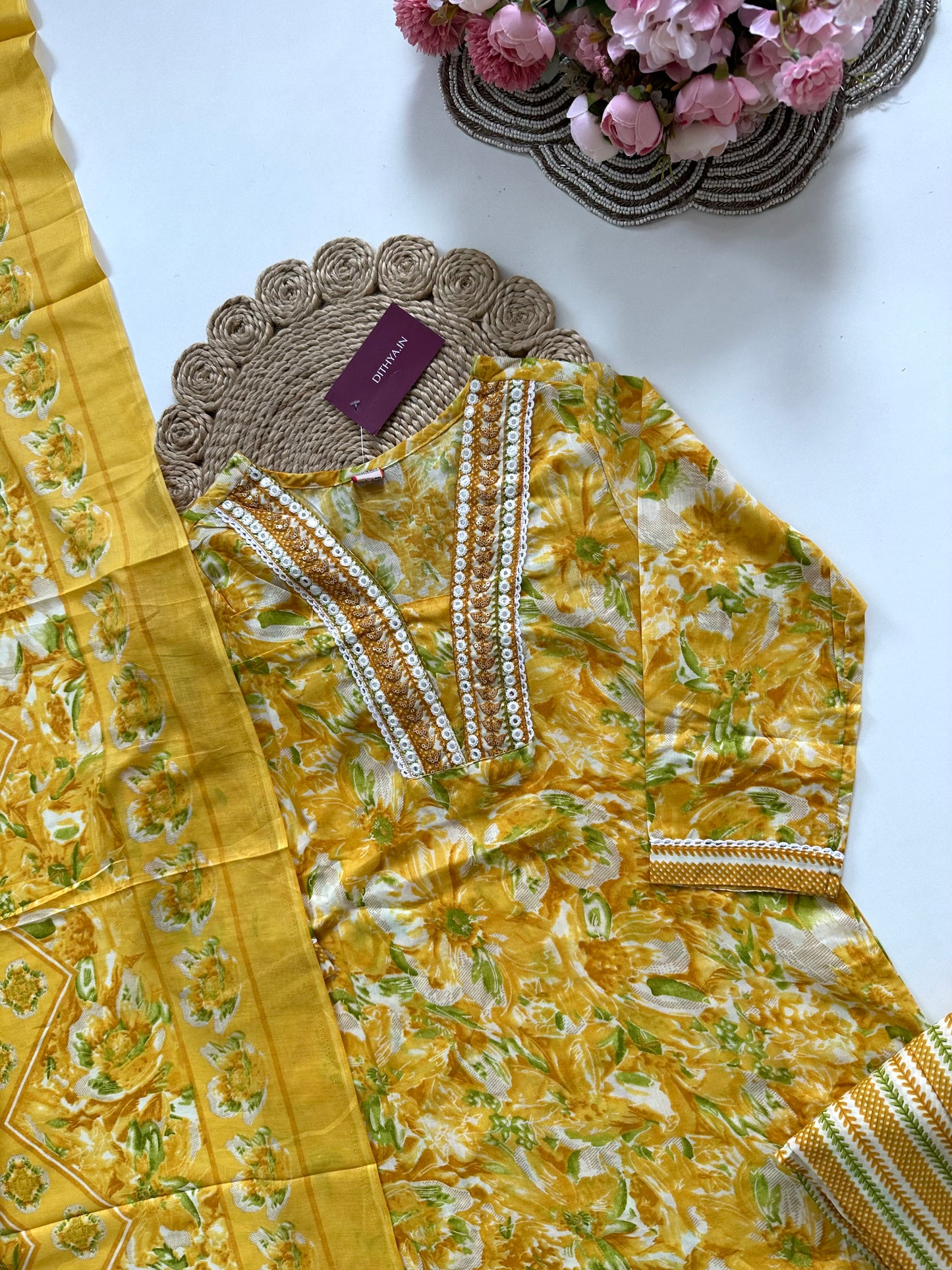 K387 - Cotton floral straight Kurti with pants and dupatta in 4 colours