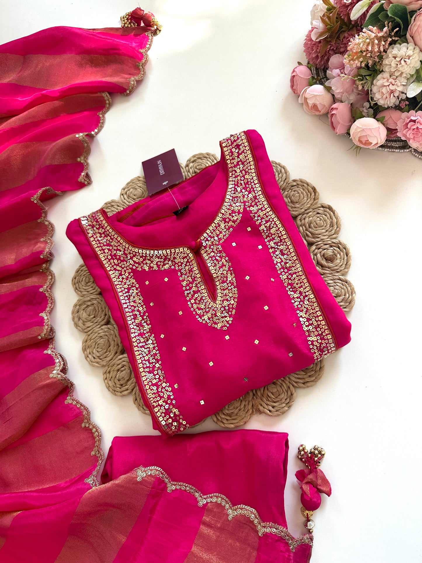 K141 - Russian silk sequins work Aline Kurti with pants and dupatta
