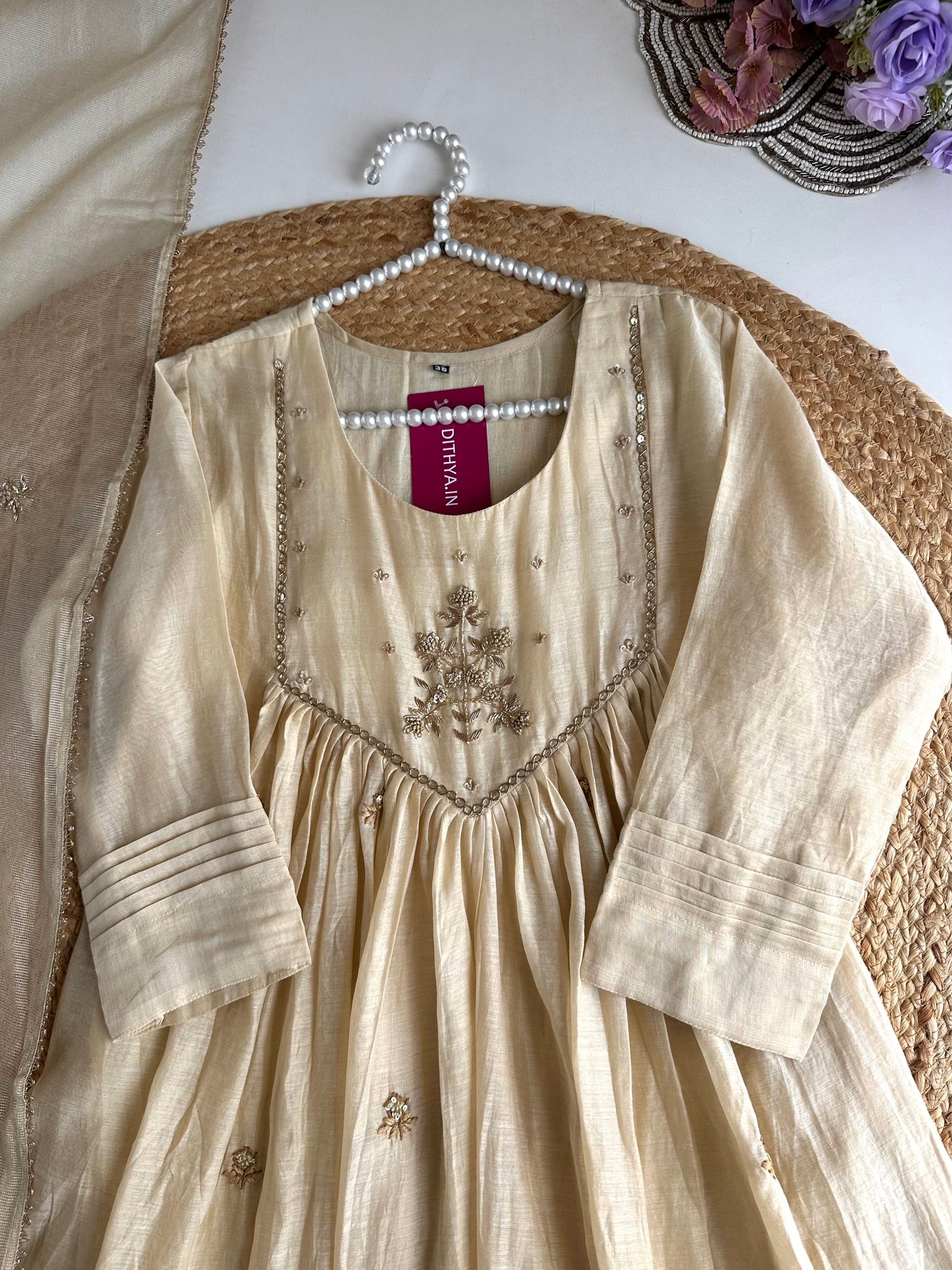 K120 - Mul Chanderi Handwork Anarkali with pants and dupatta