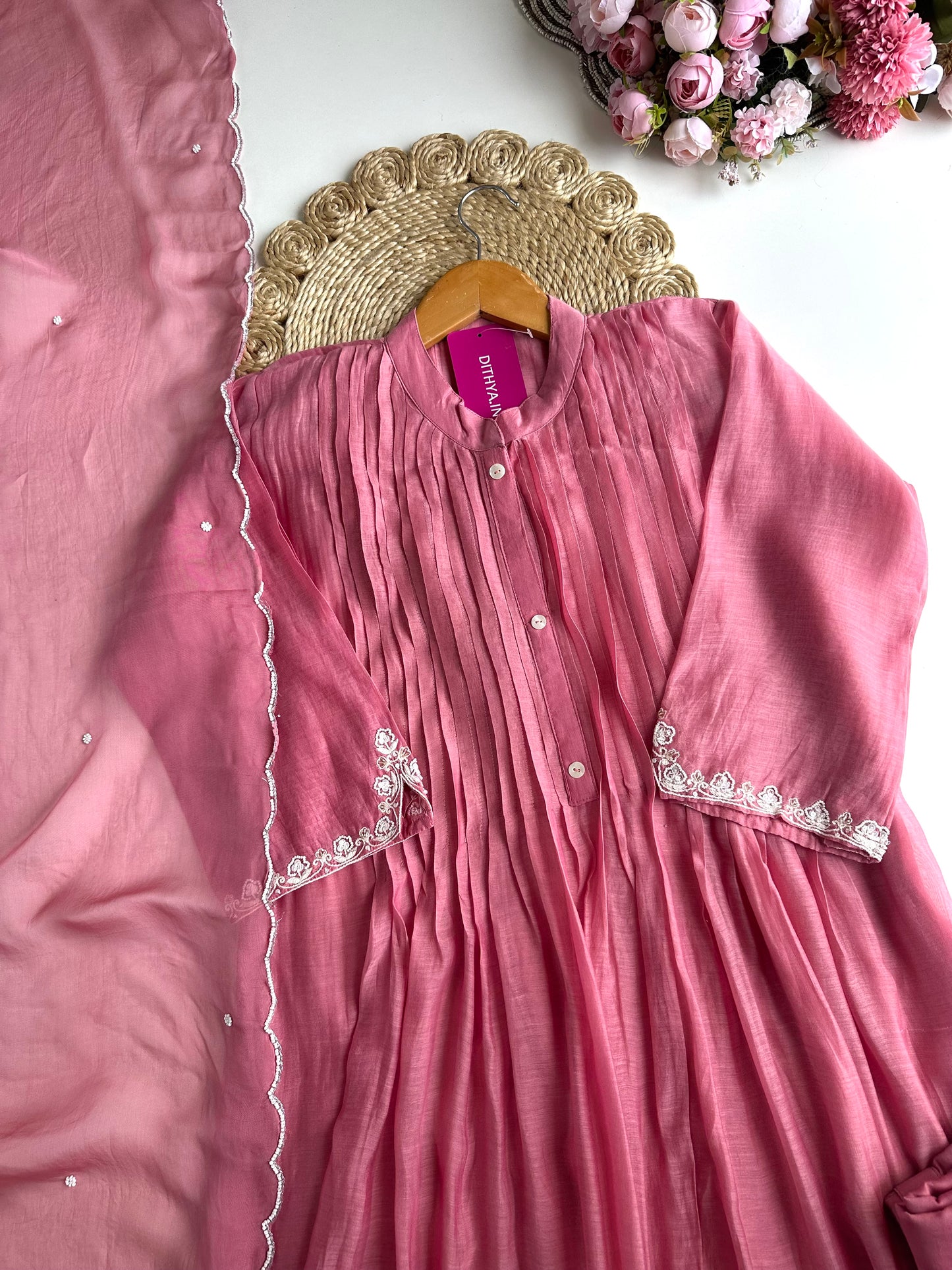 K018 - Mul Chanderi Handwork Aline Kurti with pants and dupatta
