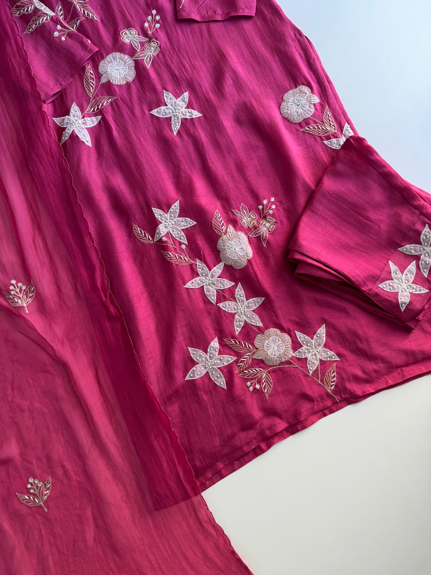 K544 - Russian silk appliqué work straight Kurti with pants and dupatta