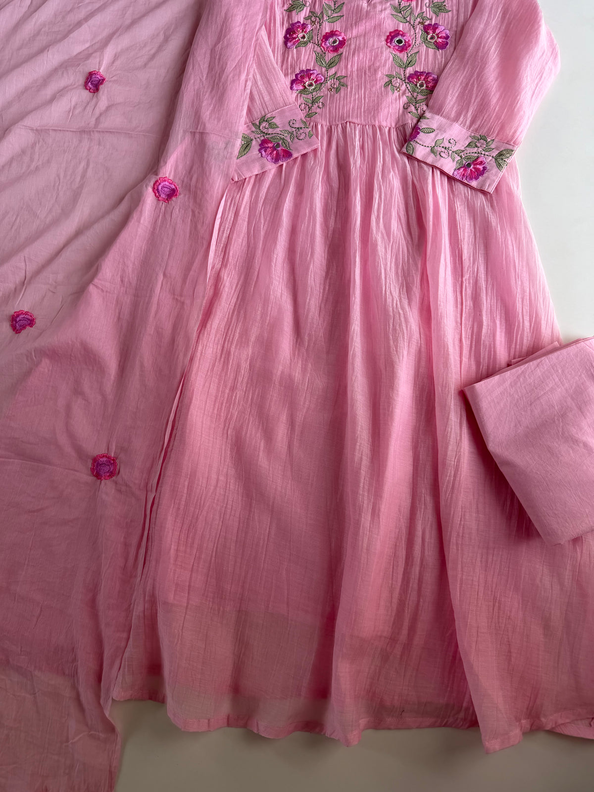 K237 - Mulmul cotton embroidered Anarkali with pants and dupatta in 2 colours