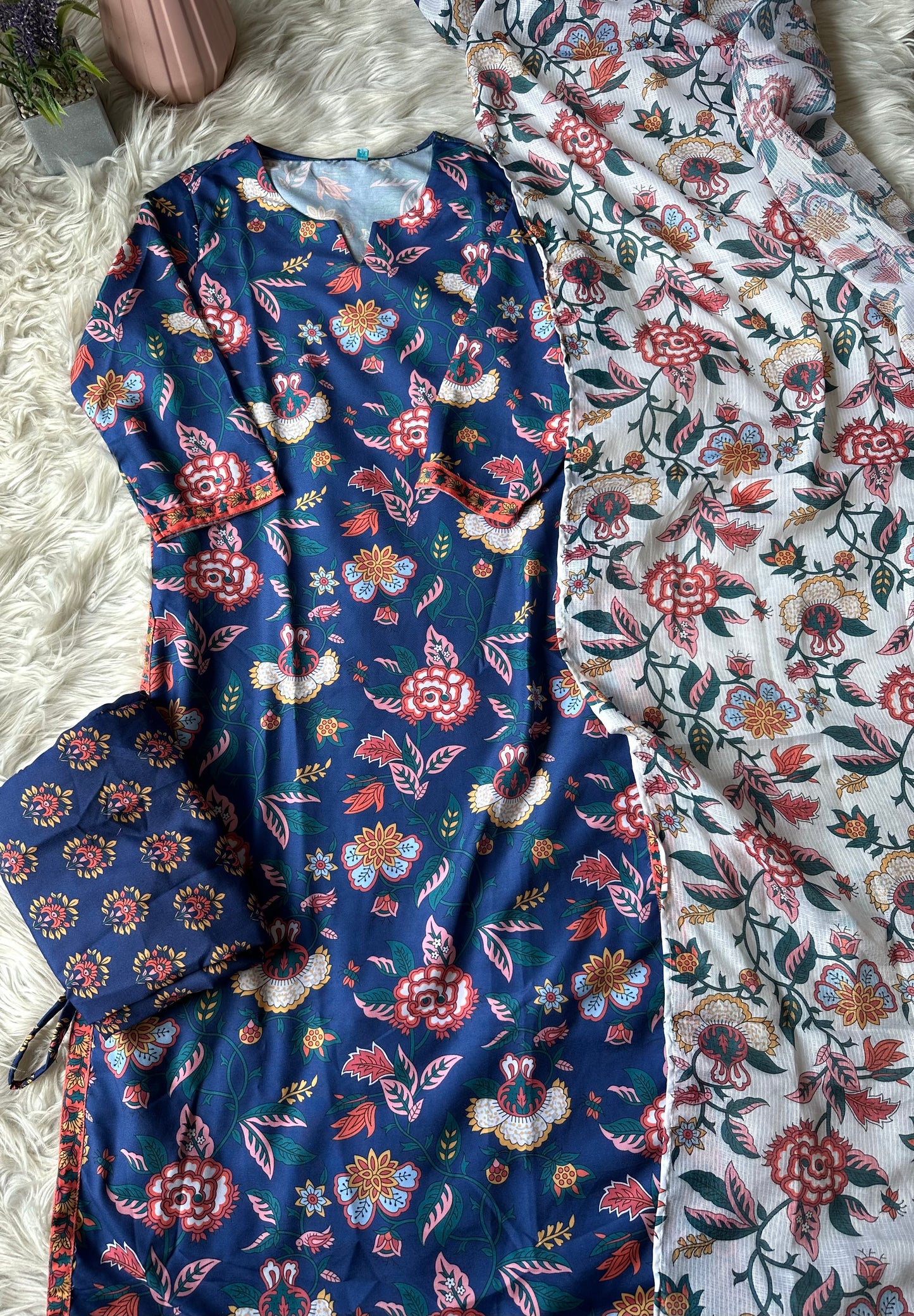 K258 - Rayon cotton Floral straight Kurti with pants and dupatta
