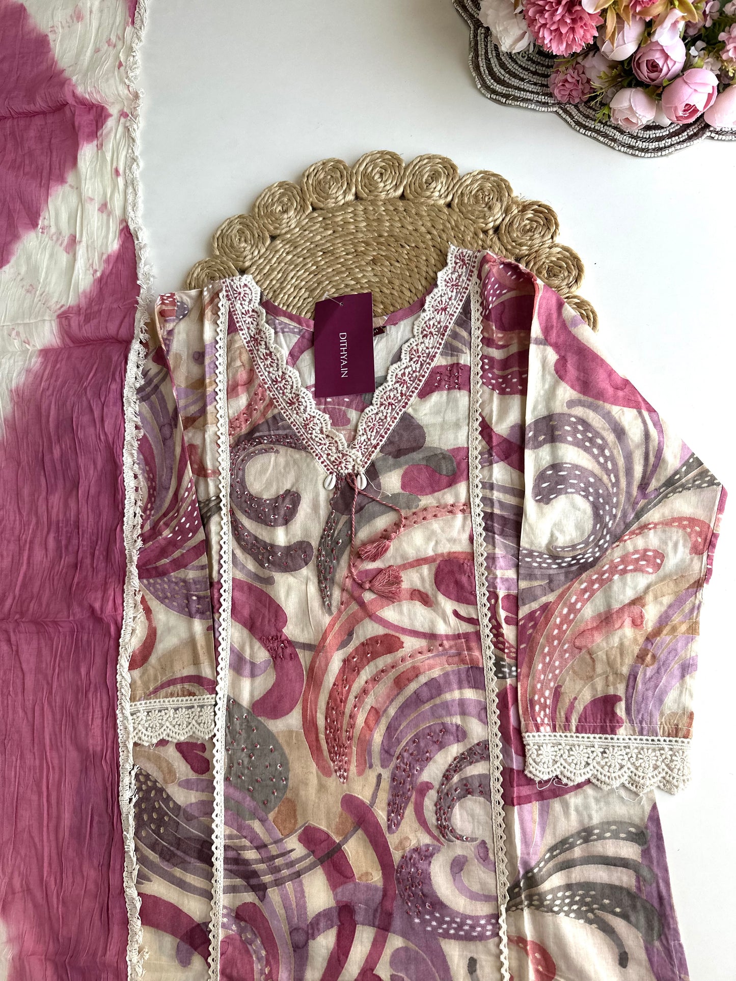 K030 - Cotton embroidered straight Kurti with pants and dupatta