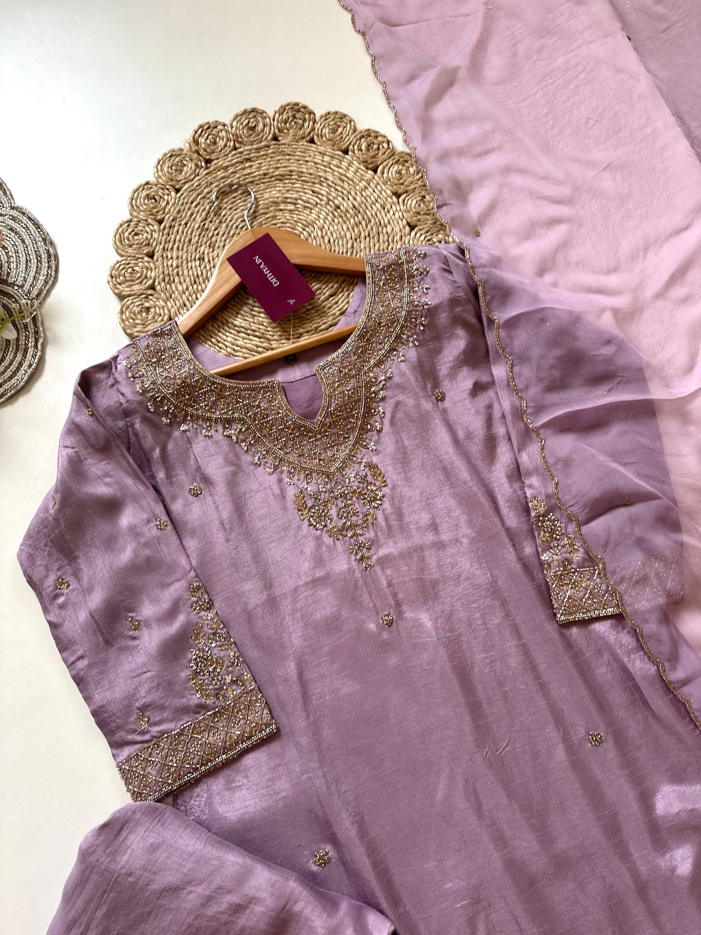 K297 - Dola silk handwork Straight kurti with palazzo and dupatta
