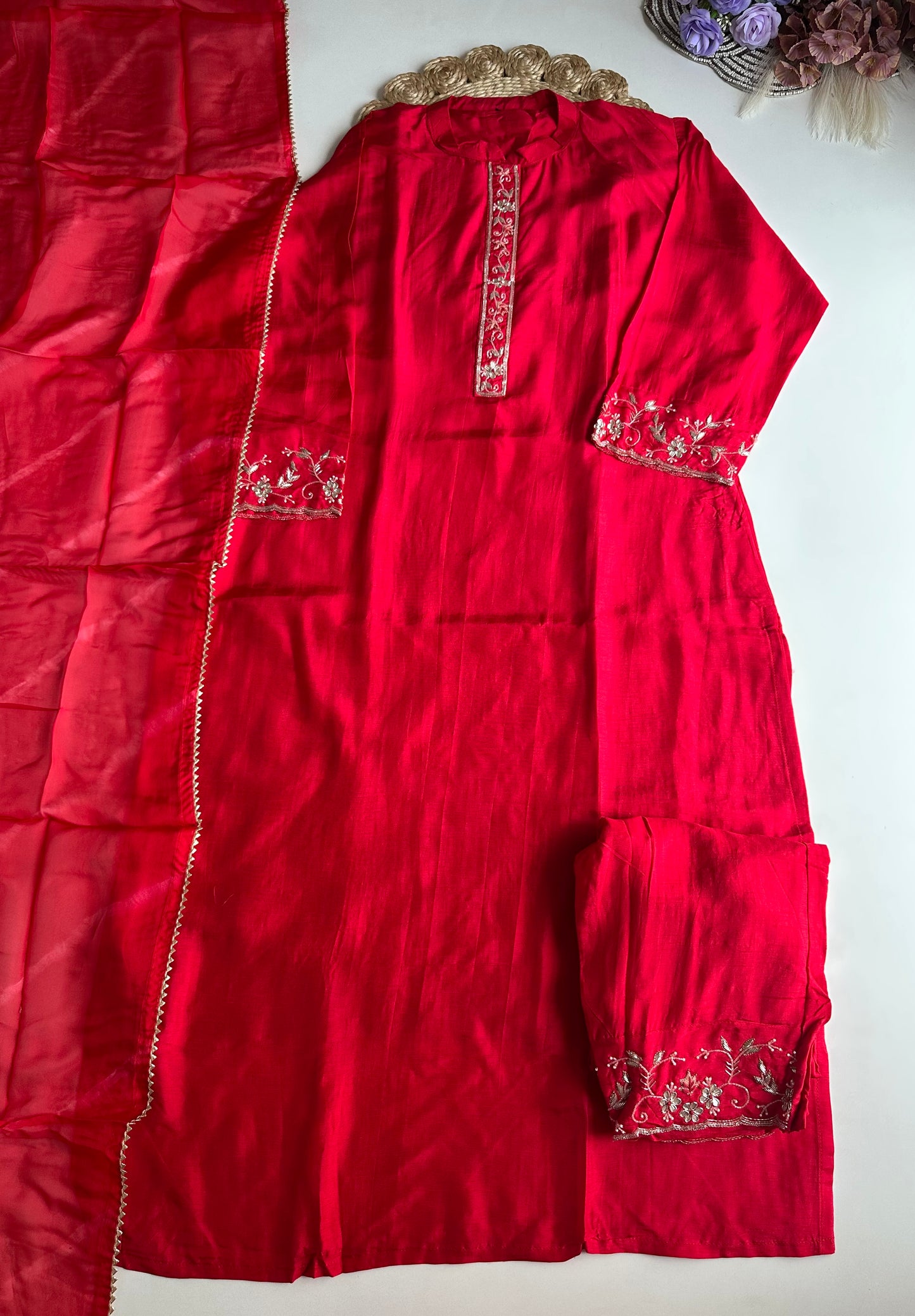 D264 - Dola silk straight kurti with pants and dupatta