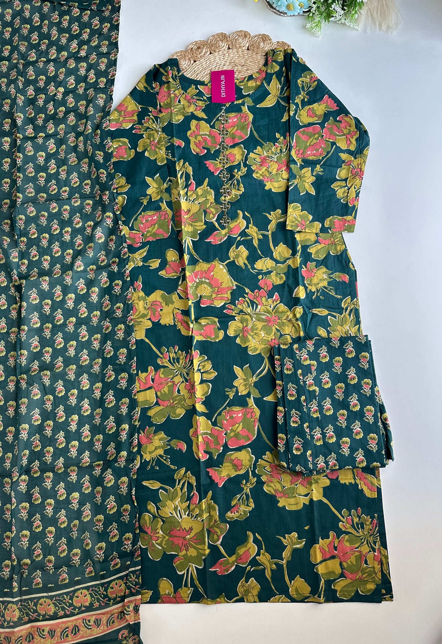K071 - Cotton floral straight Kurti with pants and dupatta in 4 colours