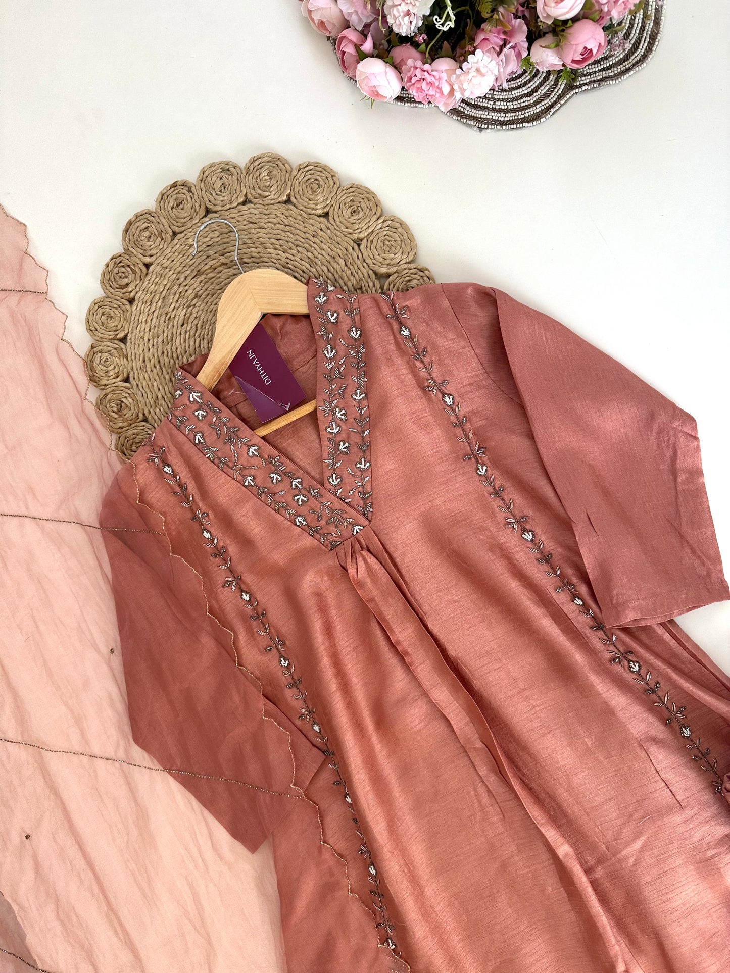 K200 - Russian silk handwork Anarkali with pants and dupatta .