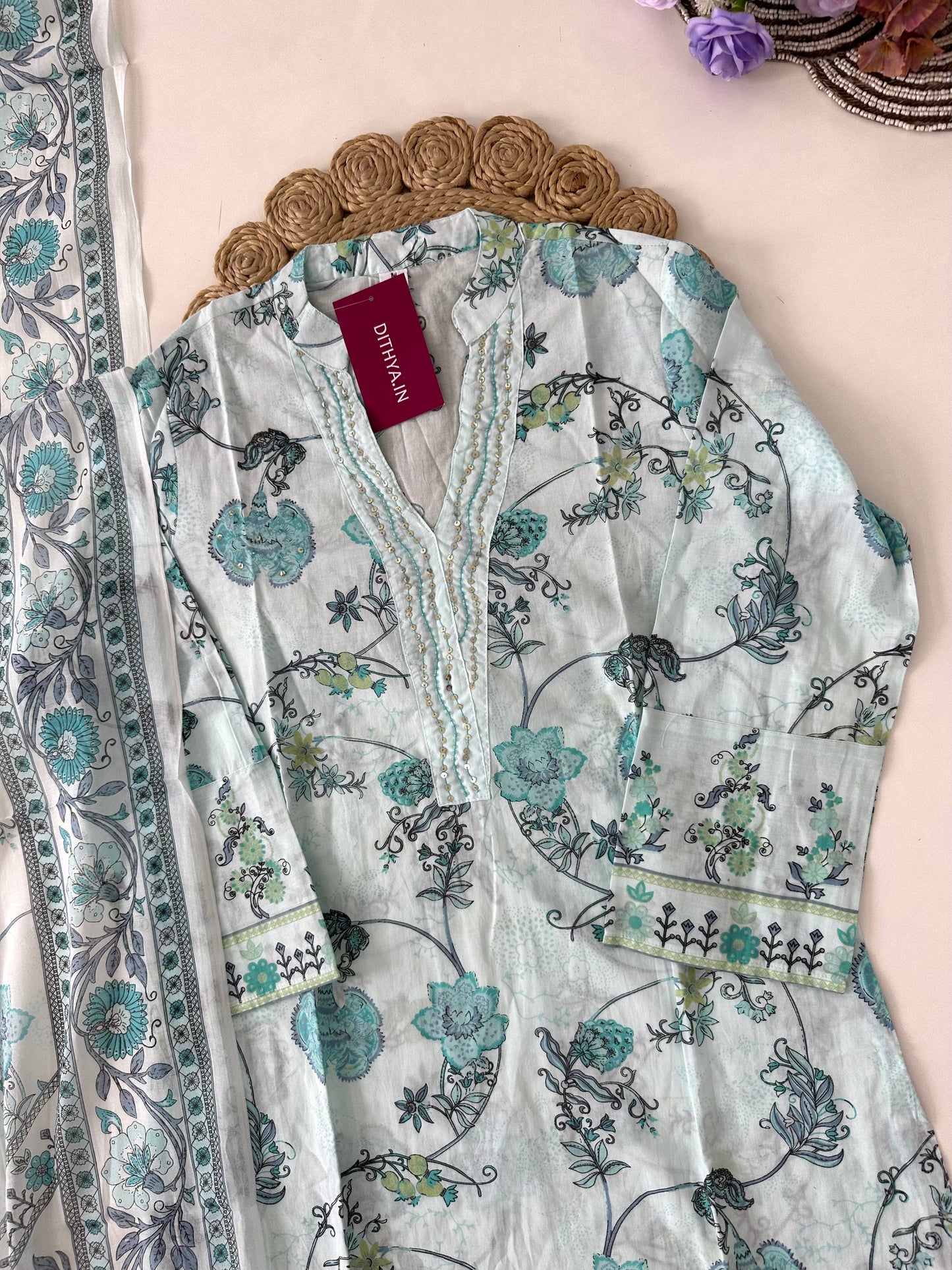 K355 - Cotton floral straight kurti with pants and dupatta