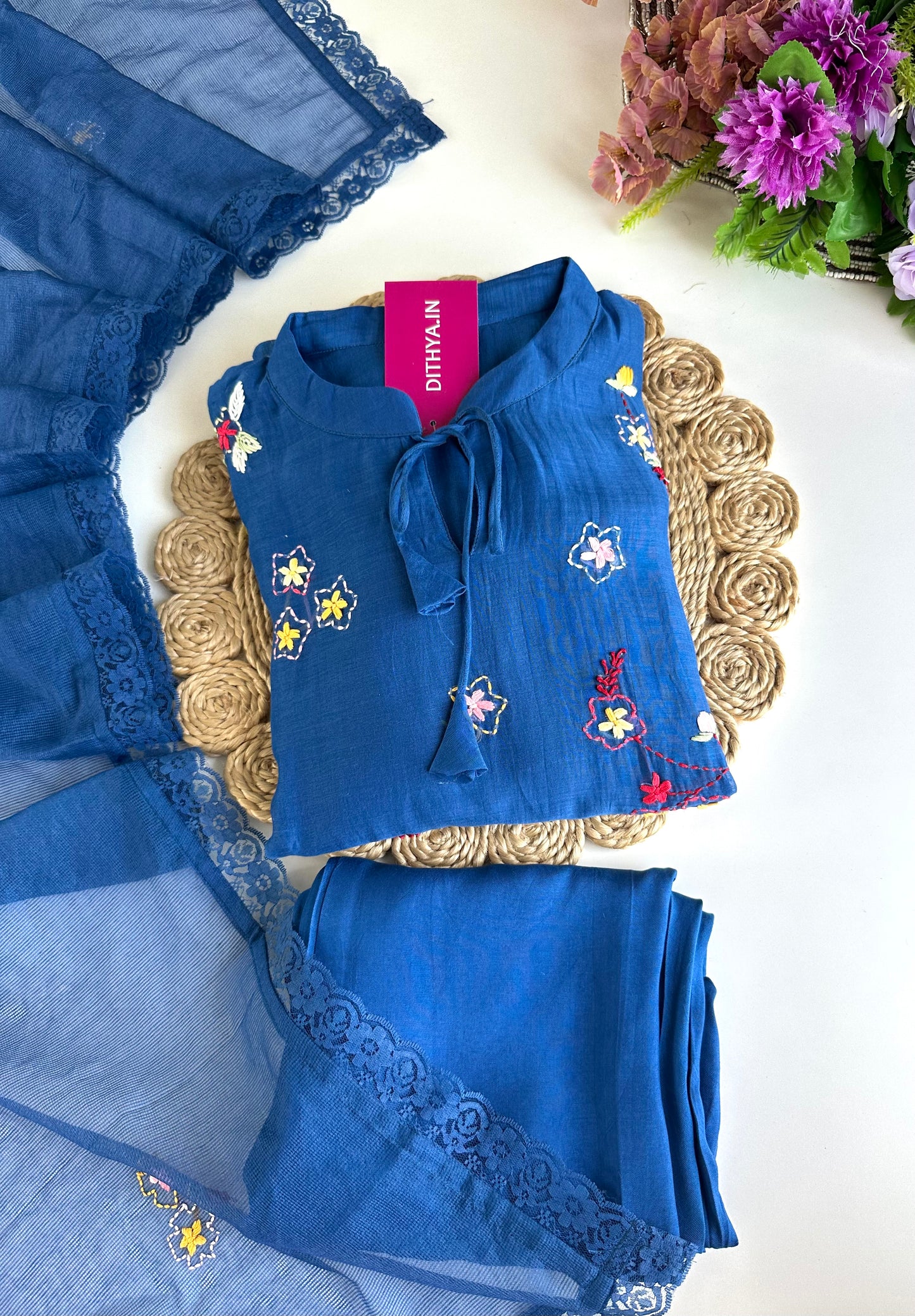 K231 - Mul Chanderi Appliqué work Aline Kurti with pants and dupatta