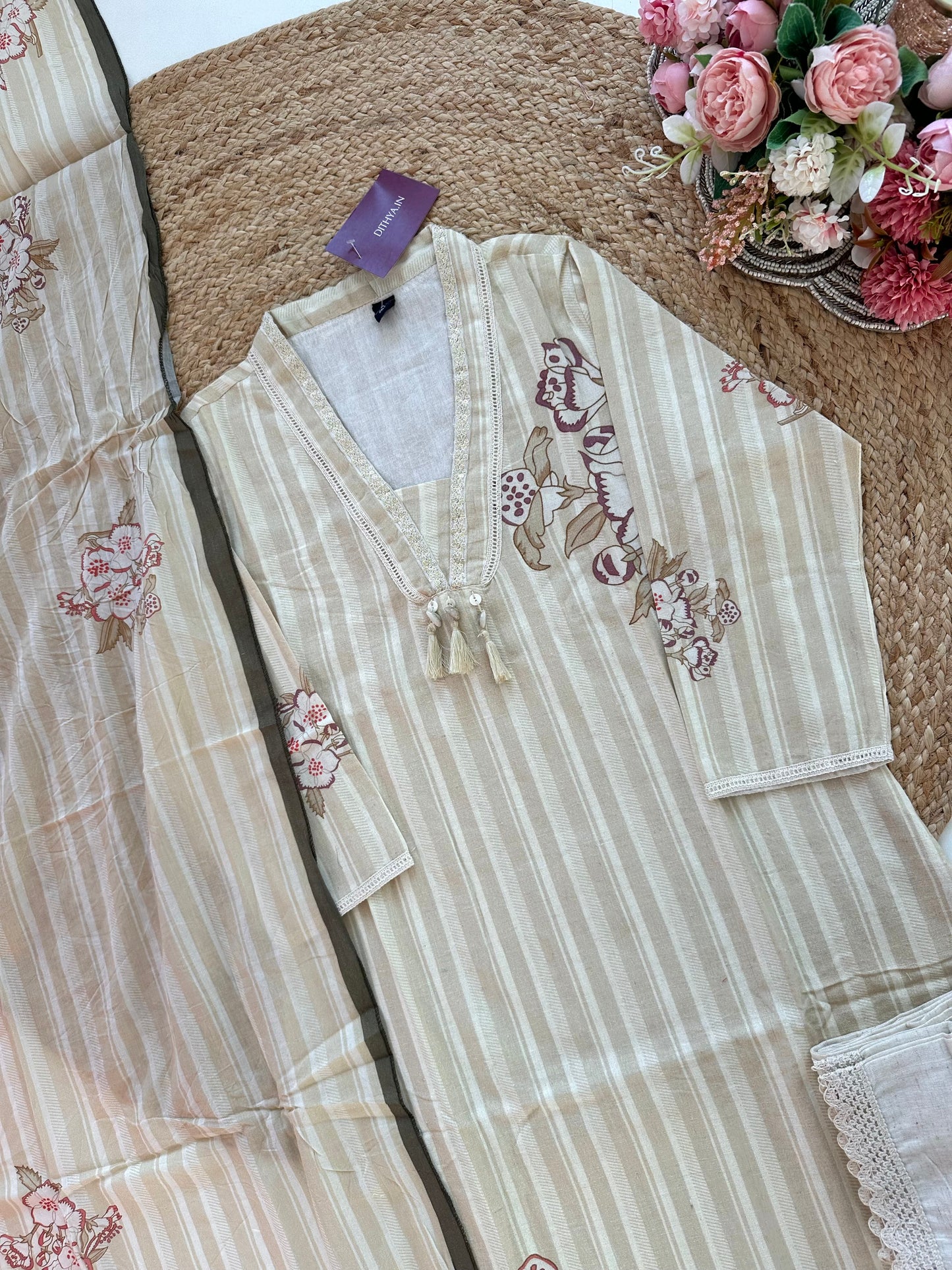 K264 - Cotton Collar neck straight kurti with pants and dupatta