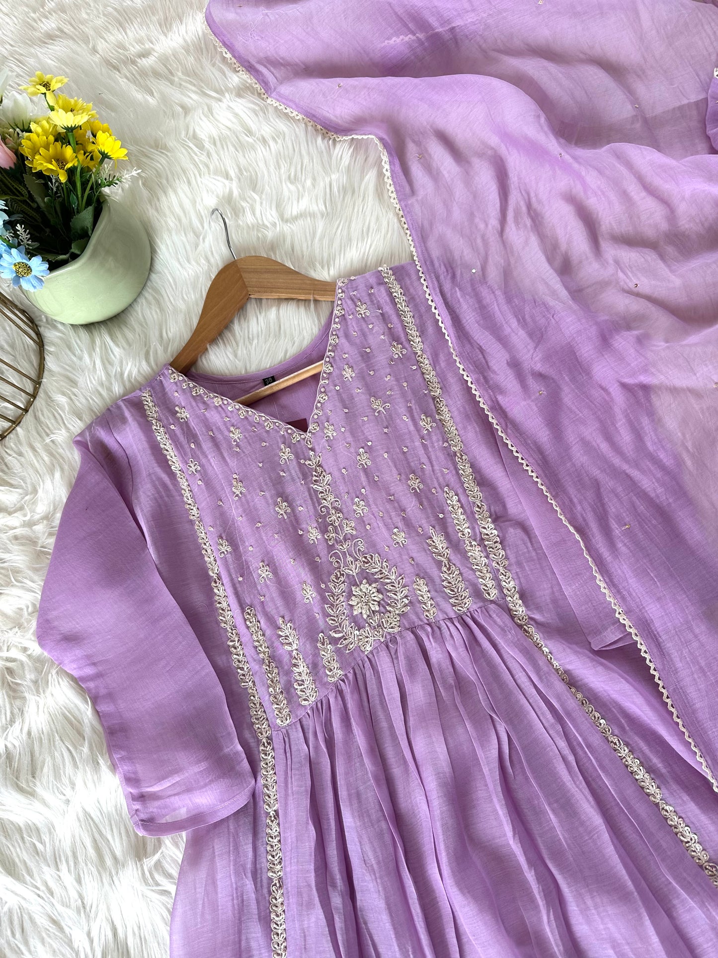 K373 - Mul Chanderi handwork Anarkali with pants and dupatta