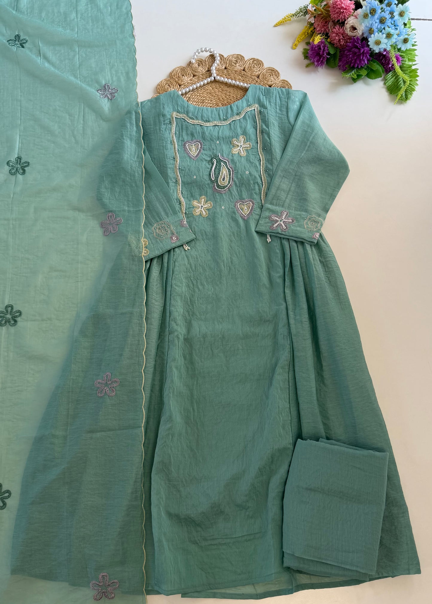 K555 - Crush Mul chanderi handwork Anarkali with pants and dupatta