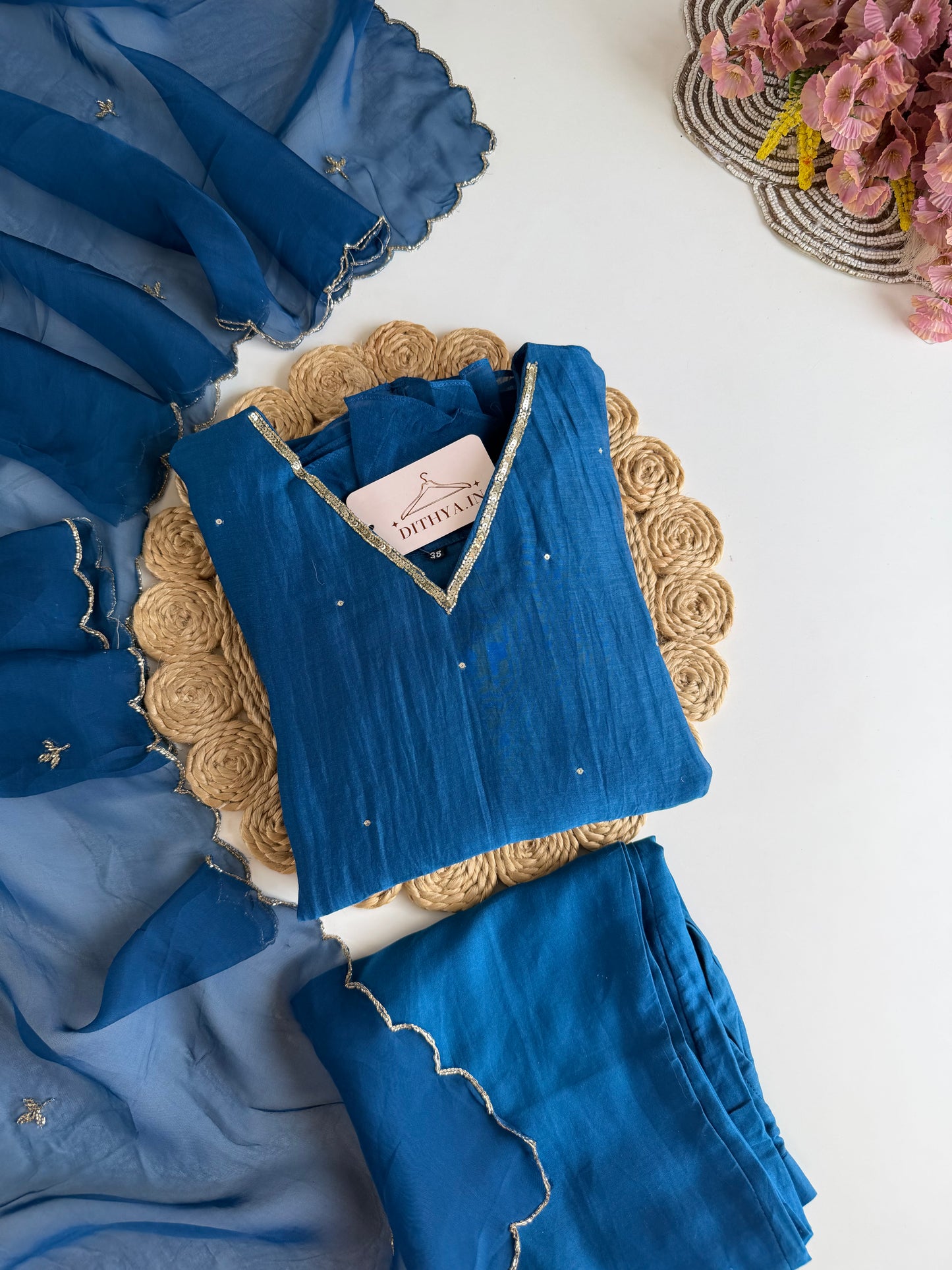 K529 - Mul chanderi handwork Aline Kurti with pants and dupatta in 2 colours