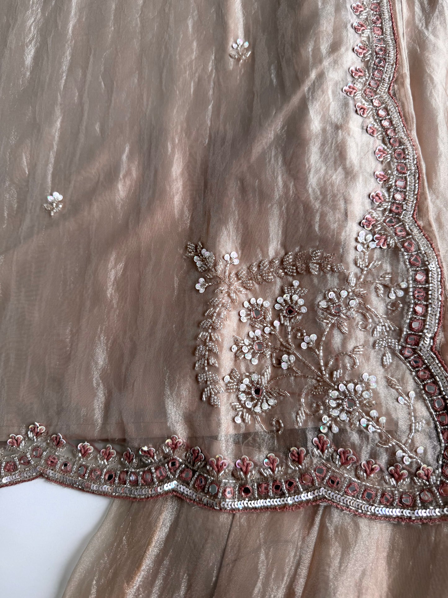 K631 - Glass Tissue handwork short Kurti with palazzo and dupatta